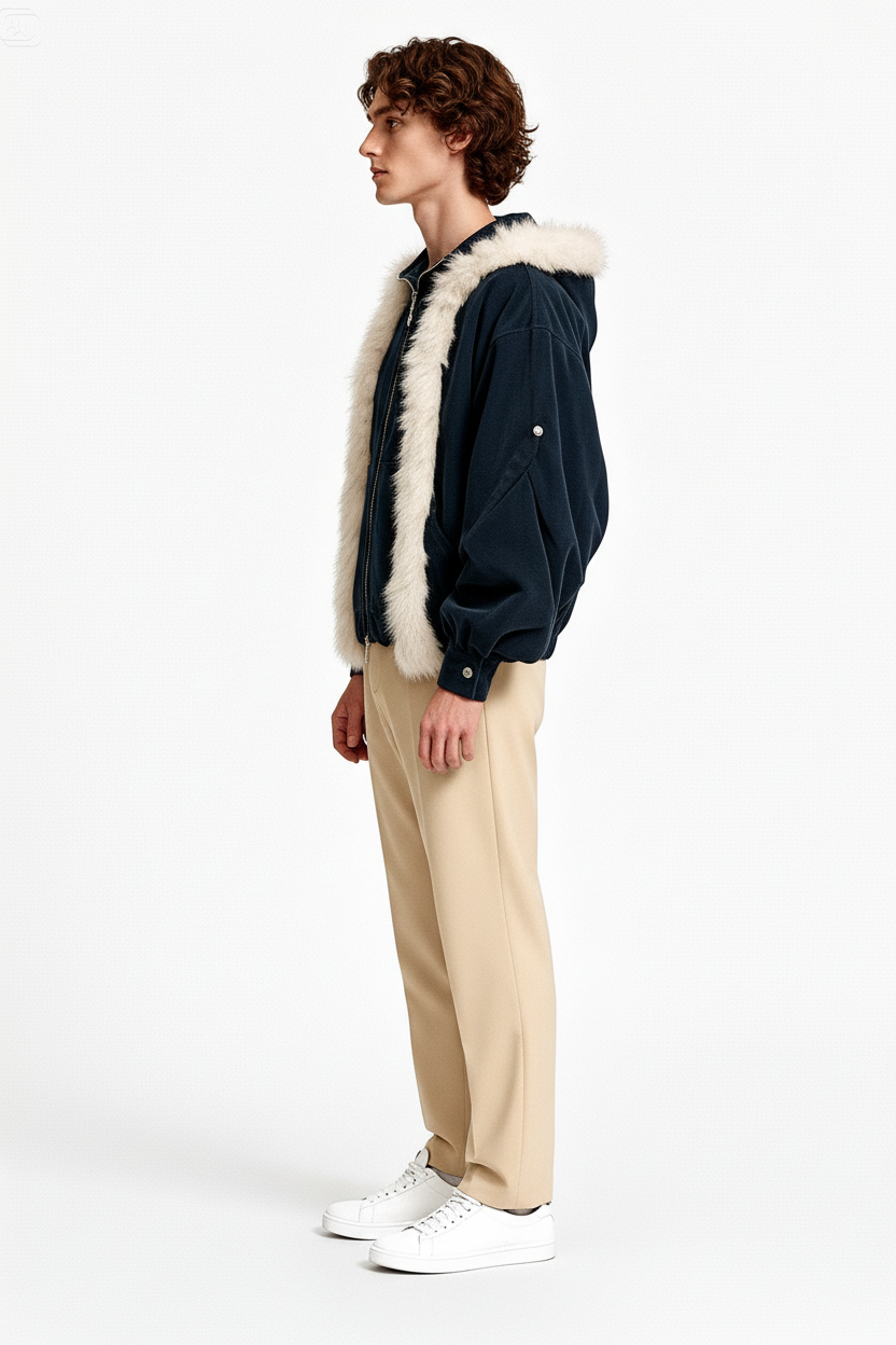 Veste Unisexe Bleu Nuit à Fourrure Synthétique – Coupe Oversize avec Capuche