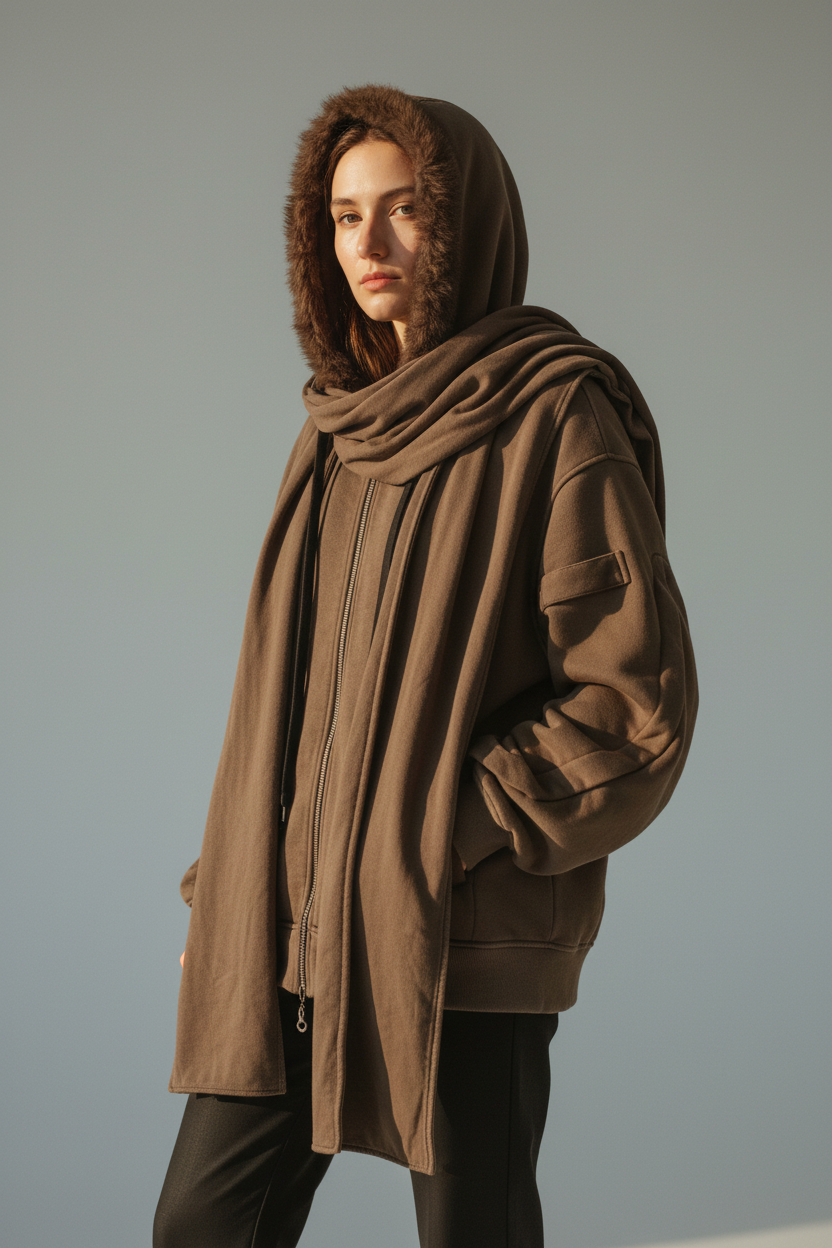 Veste Oversize Unisexe à Capuche Brun avec Écharpe Intégrée
