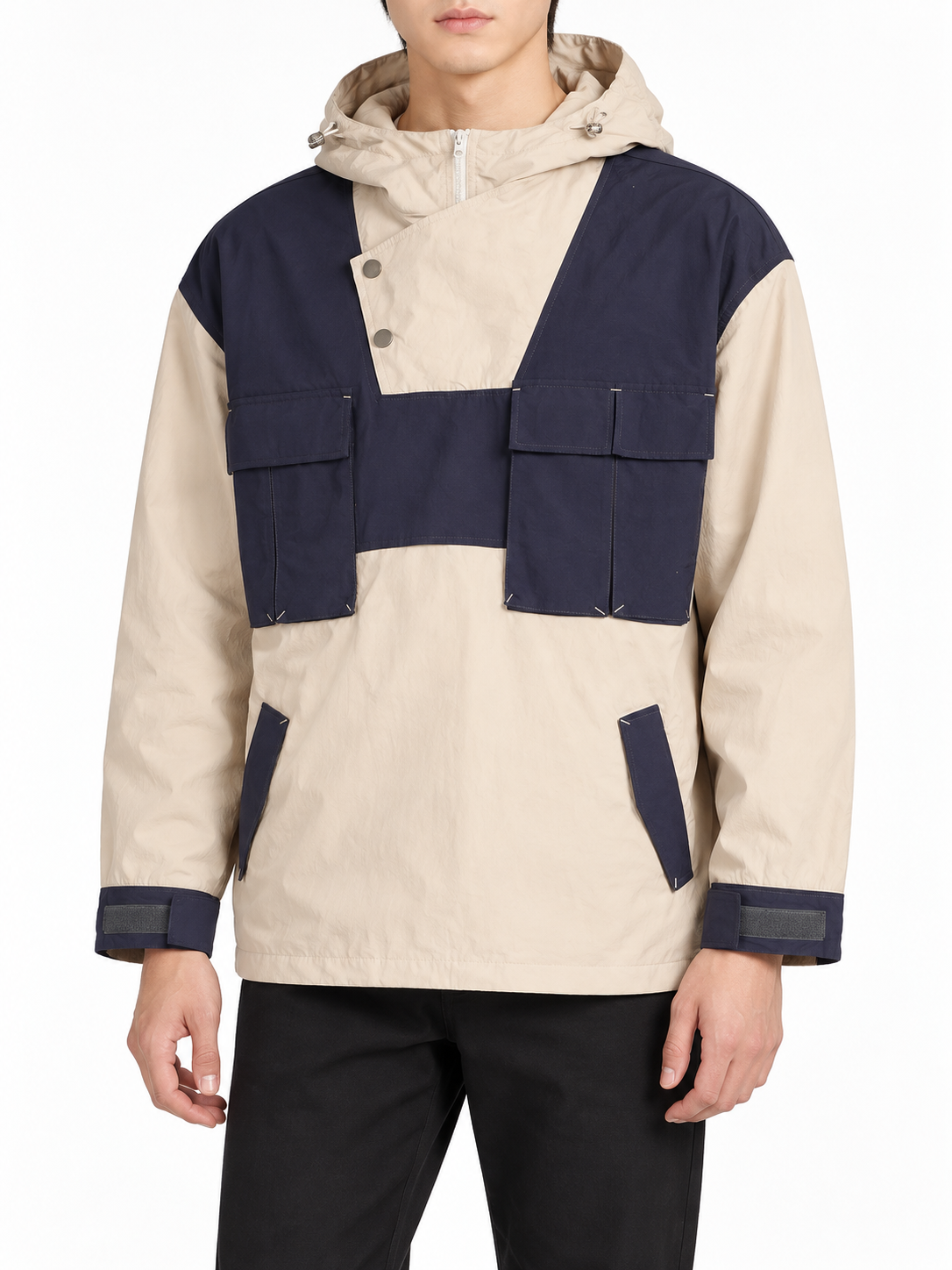 Veste à Capuche Bicolore et Poches en Volume Bleu et Écru | RELABEL