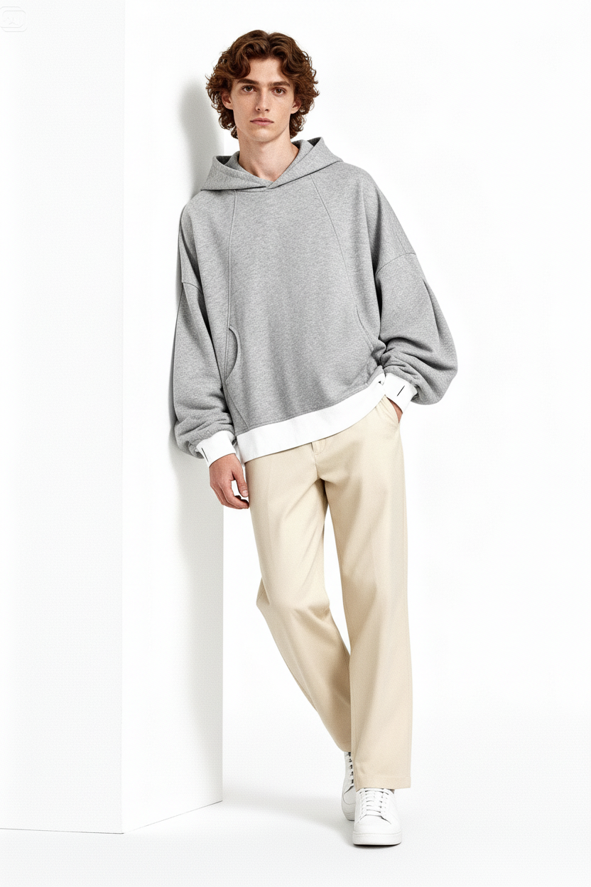 Sweat à Capuche Oversize Gris Unisexe avec Ourlet Contrasté