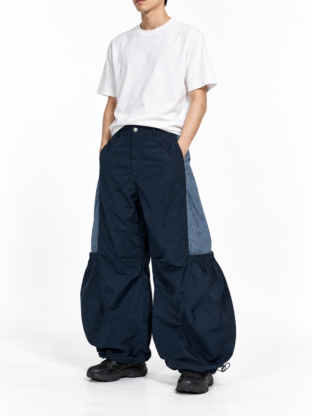 Pantalon Cargo en Nylon à Jambes Courbes et Plis Bleu | RELABEL