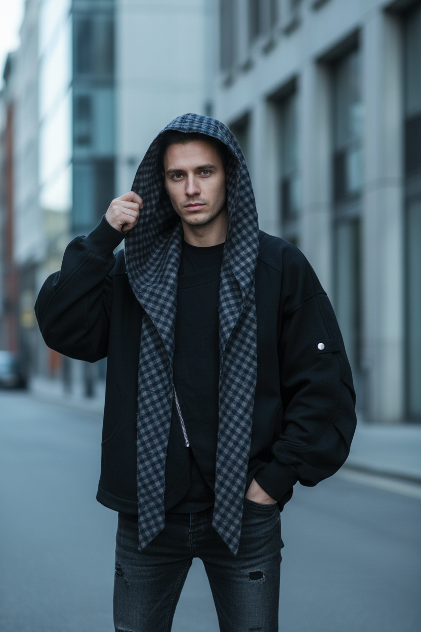 黑色格纹围巾夹克街头场景1