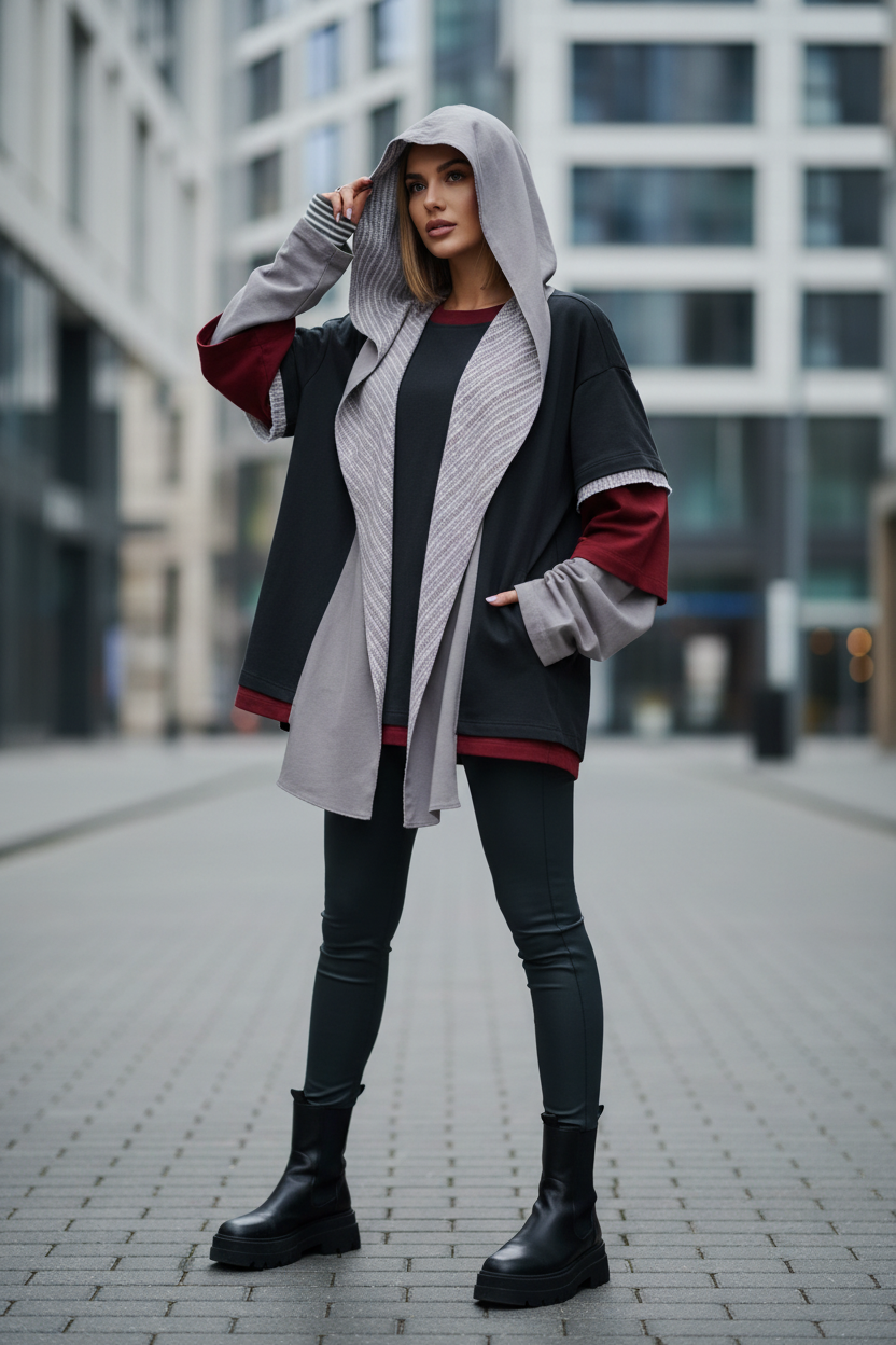 多层拼色外套女模特场景1