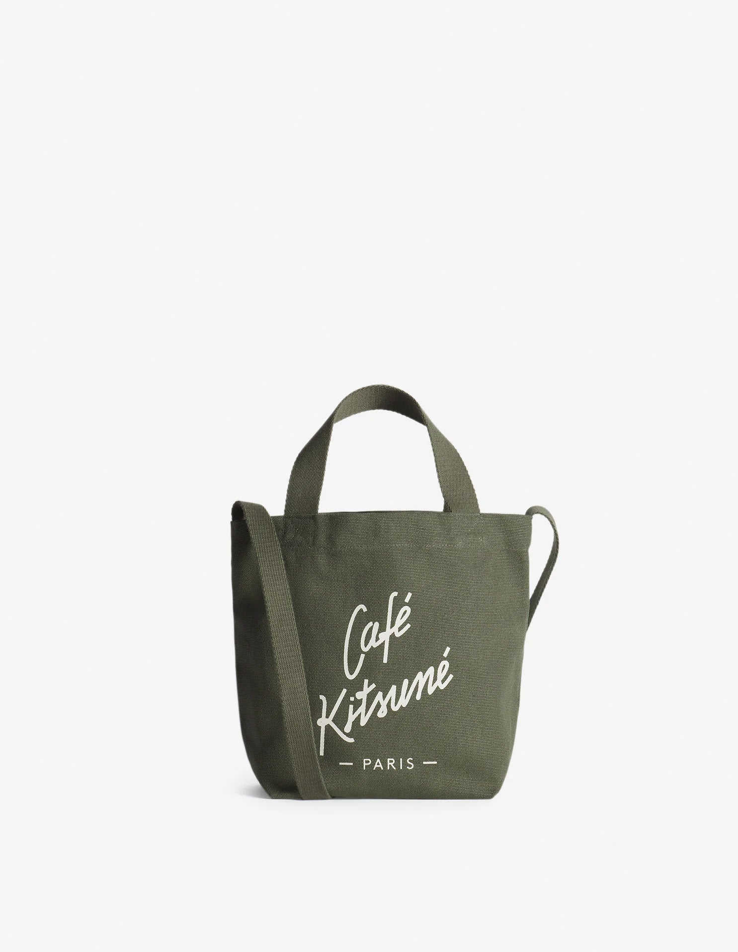 Sac tote mini Café Kitsuné vert en toile avec logo Paris, vue de face