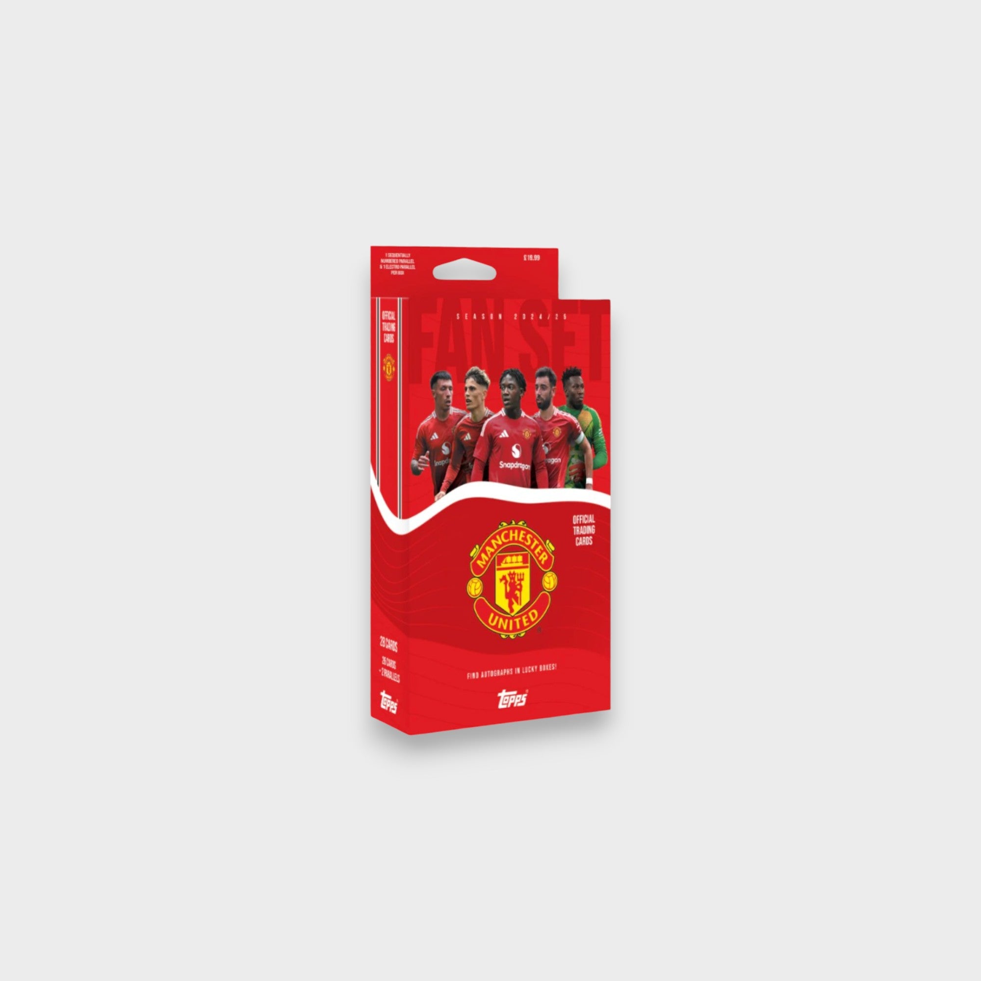 Topps Manchester United 2024-2025 starter pack de cartes officielles à collectionner avec autographes dans les boîtes chanceuses, boîte rouge, vue de trois quarts
