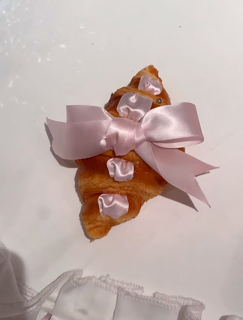 Realistic Croissant Bag Charm - Blue Bow Carabiner Clip