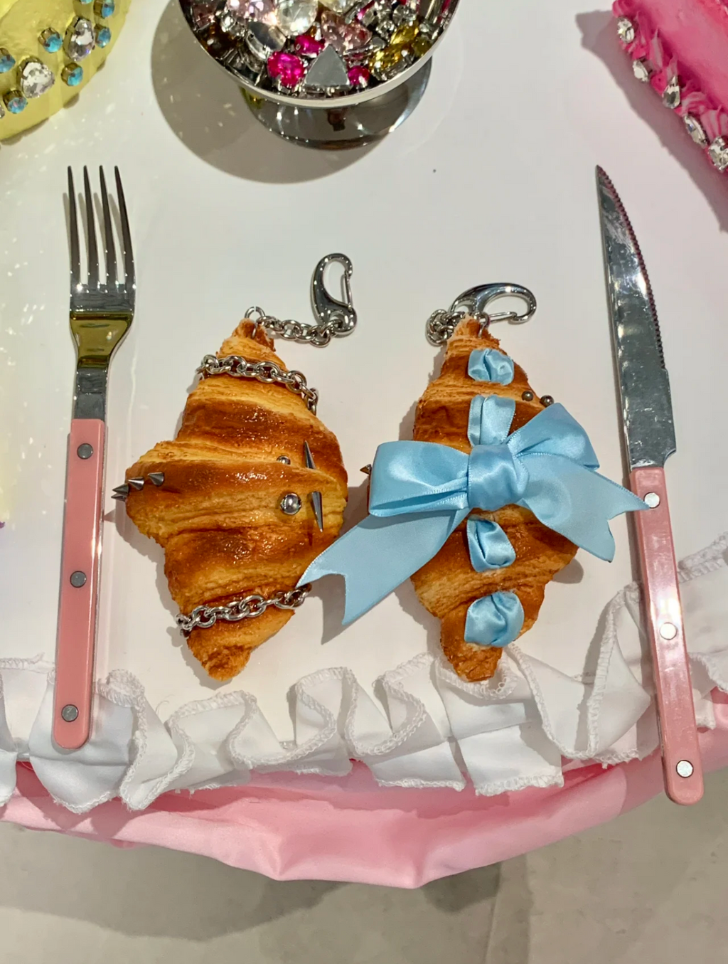Realistic Croissant Bag Charm - Blue Bow Carabiner Clip