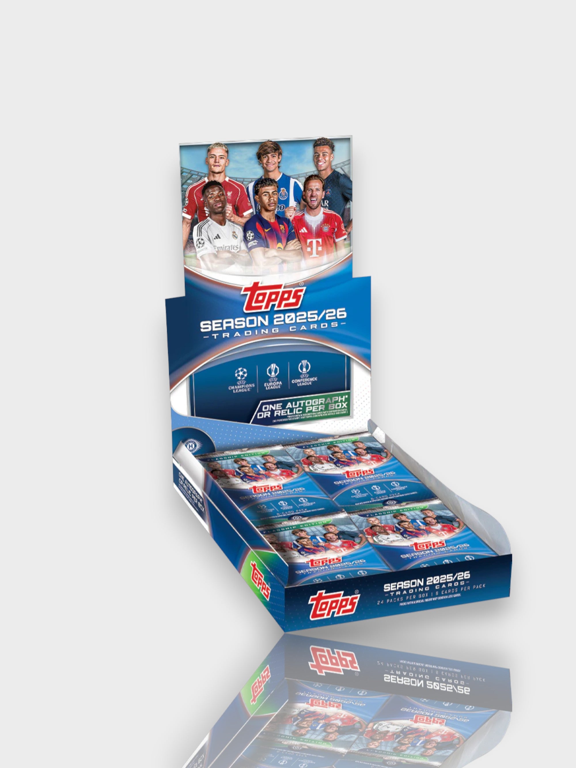 Topps UEFA Season 2025/26 trading cards hobby display box – 24 packs, 1 autograph ou relic per box, Champions League, Europa League et Conference League, joueurs Real Madrid, Barça, Bayern, Porto, PSG
