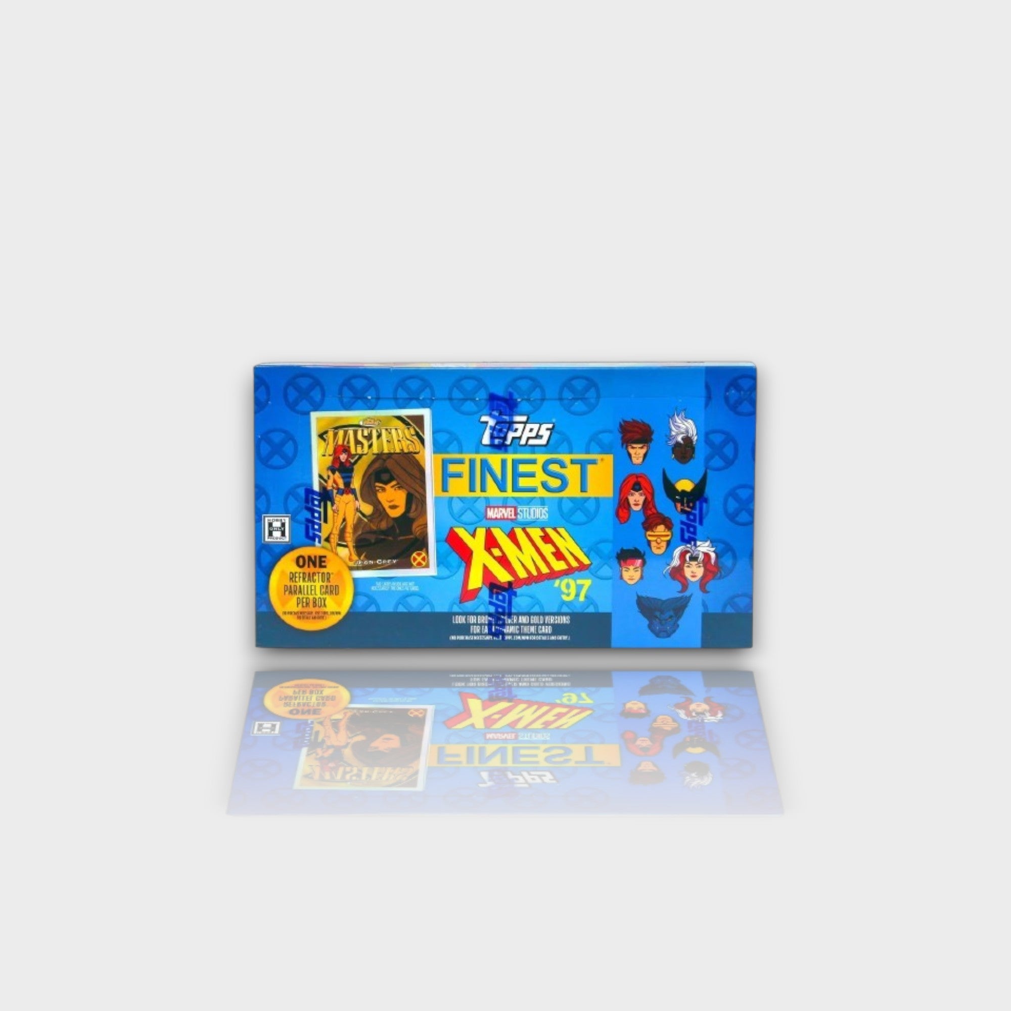 Topps Finest Marvel Studios X-Men '97 hobby box avec 1 carte Refractor Parallel par boîte, boîte bleue avec personnages Wolverine Cyclops Storm et Gambit, vue de face
