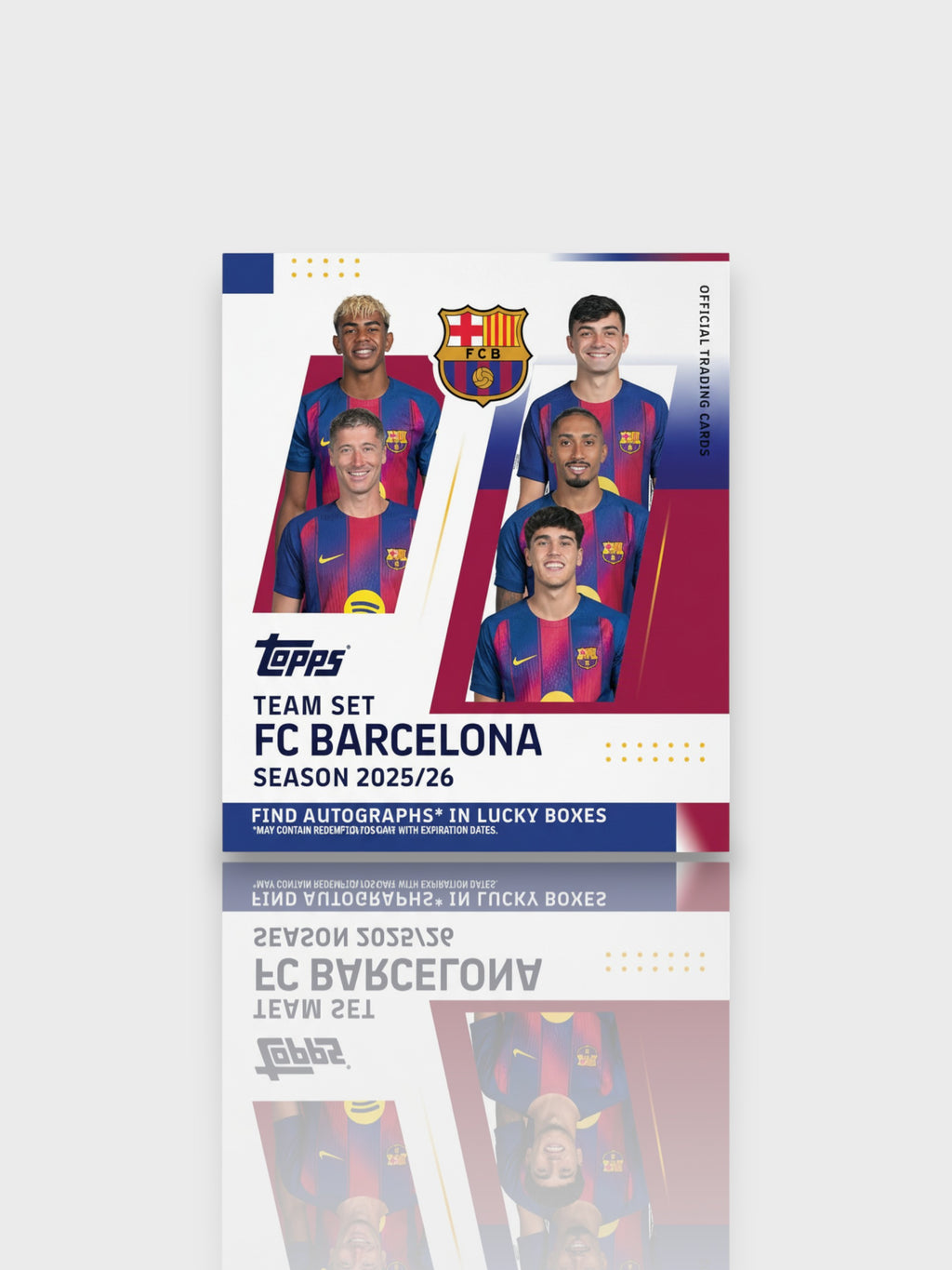 Topps Team Set FC Barcelona saison 2025/26 – pochette cartes officielles avec 5 joueurs maillot bleu et rouge, logo FCB, autographes dans lucky boxes, fond gris clair
