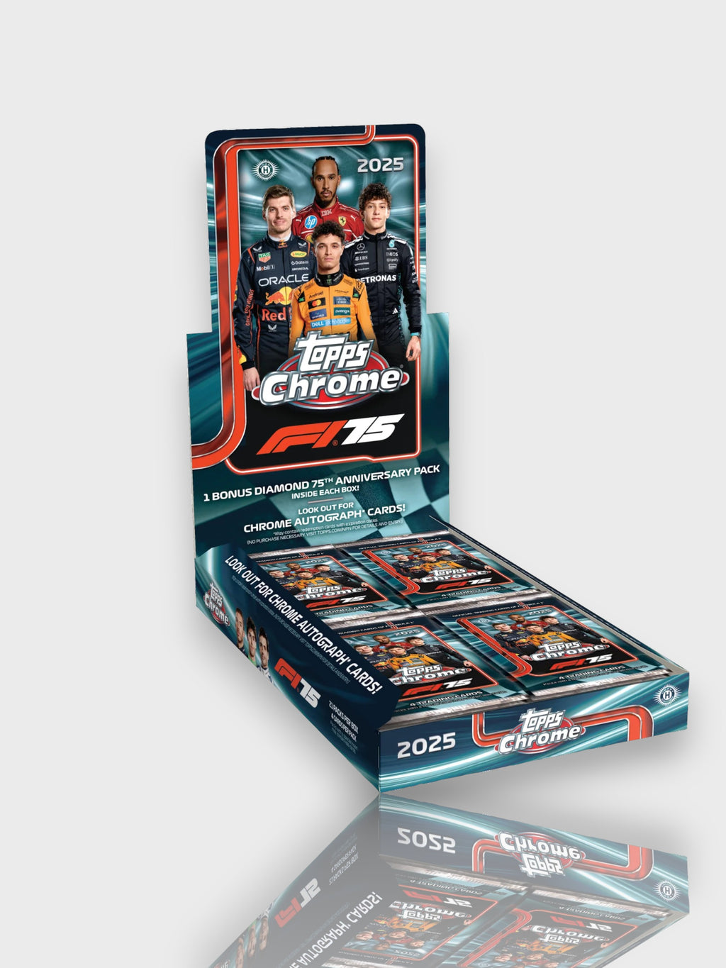 Topps Chrome F1 75 2025 hobby box display avec packs – pilotes Verstappen, Hamilton, Norris, Russell et Leclerc en combinaison, fond gris clair
