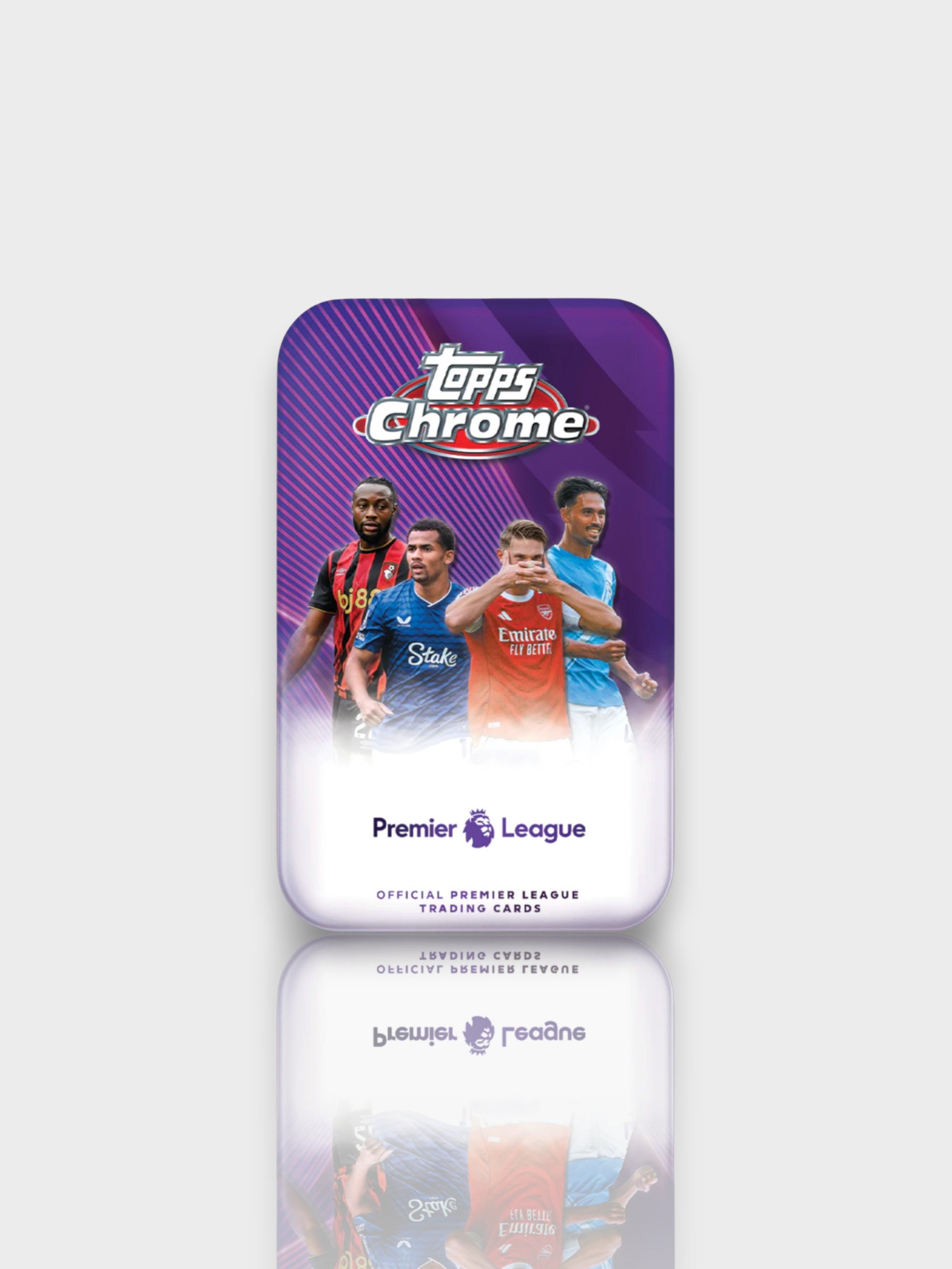 Topps Chrome Premier League 2026 official trading cards tin – joueurs Bournemouth, Everton, Arsenal et Man City, boîte métal arrondie fond violet
