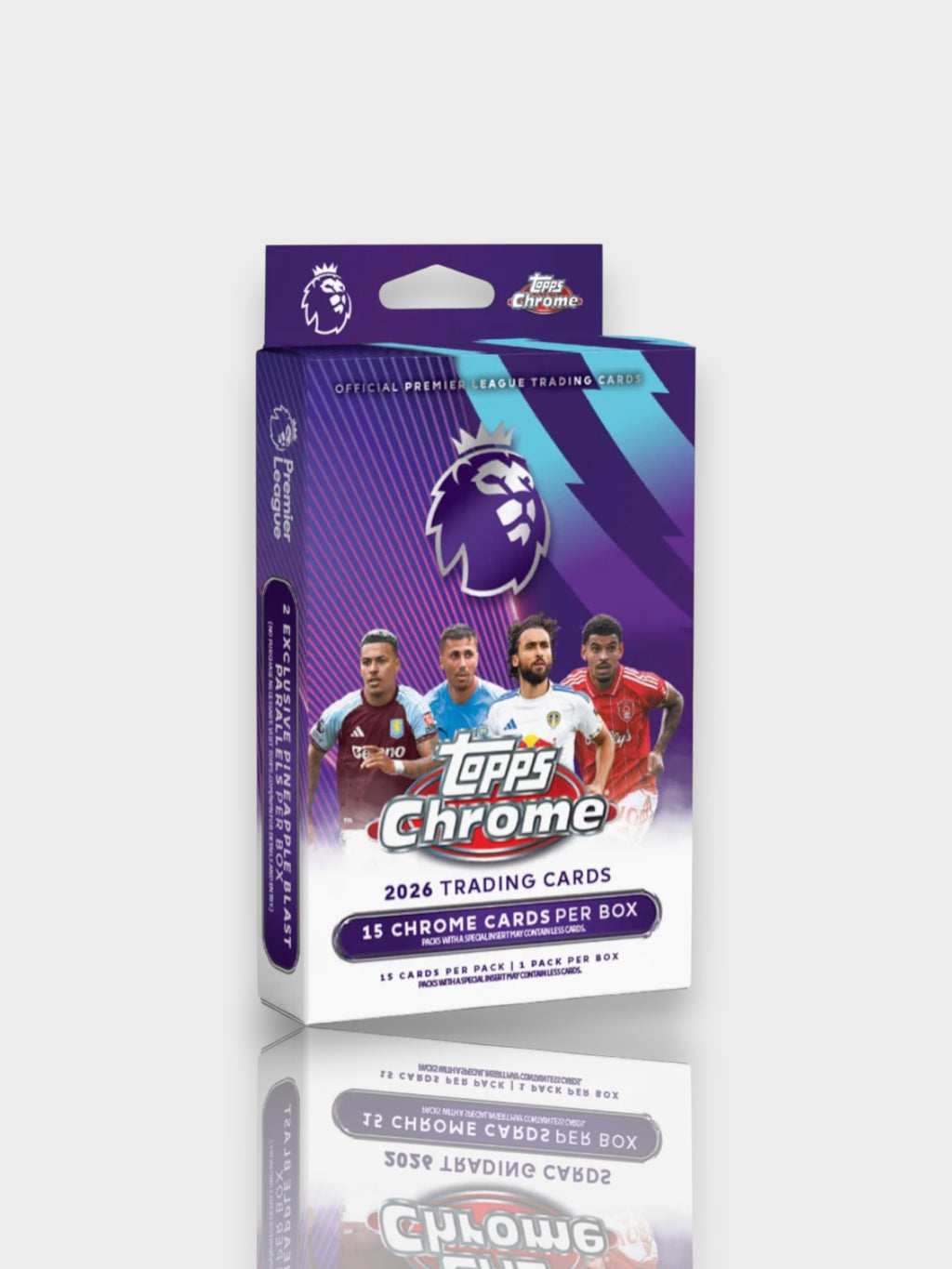 Topps Chrome Premier League 2026 hanger box 15 chrome cards – 2 exclusive pineapple blast parallels, joueurs Aston Villa, West Ham, Leeds United et Nottingham Forest, packaging violet
