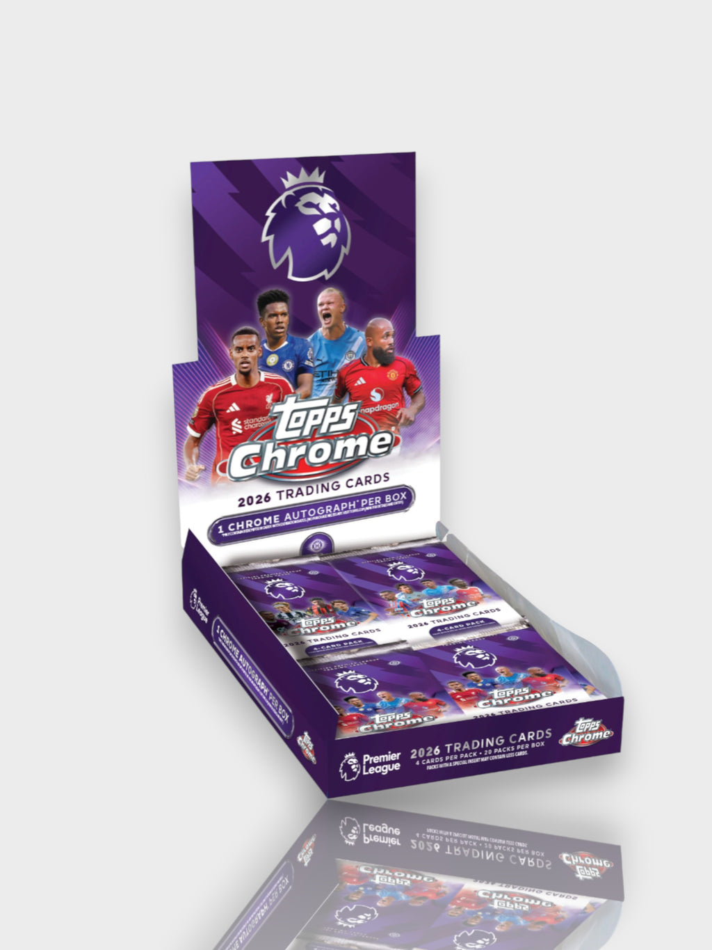 Topps Chrome Premier League 2026 trading cards hobby display box – 1 chrome autograph per box, 4 cards per pack, 20 packs per box, joueurs Liverpool, Man City, Chelsea, Man United, packaging violet
