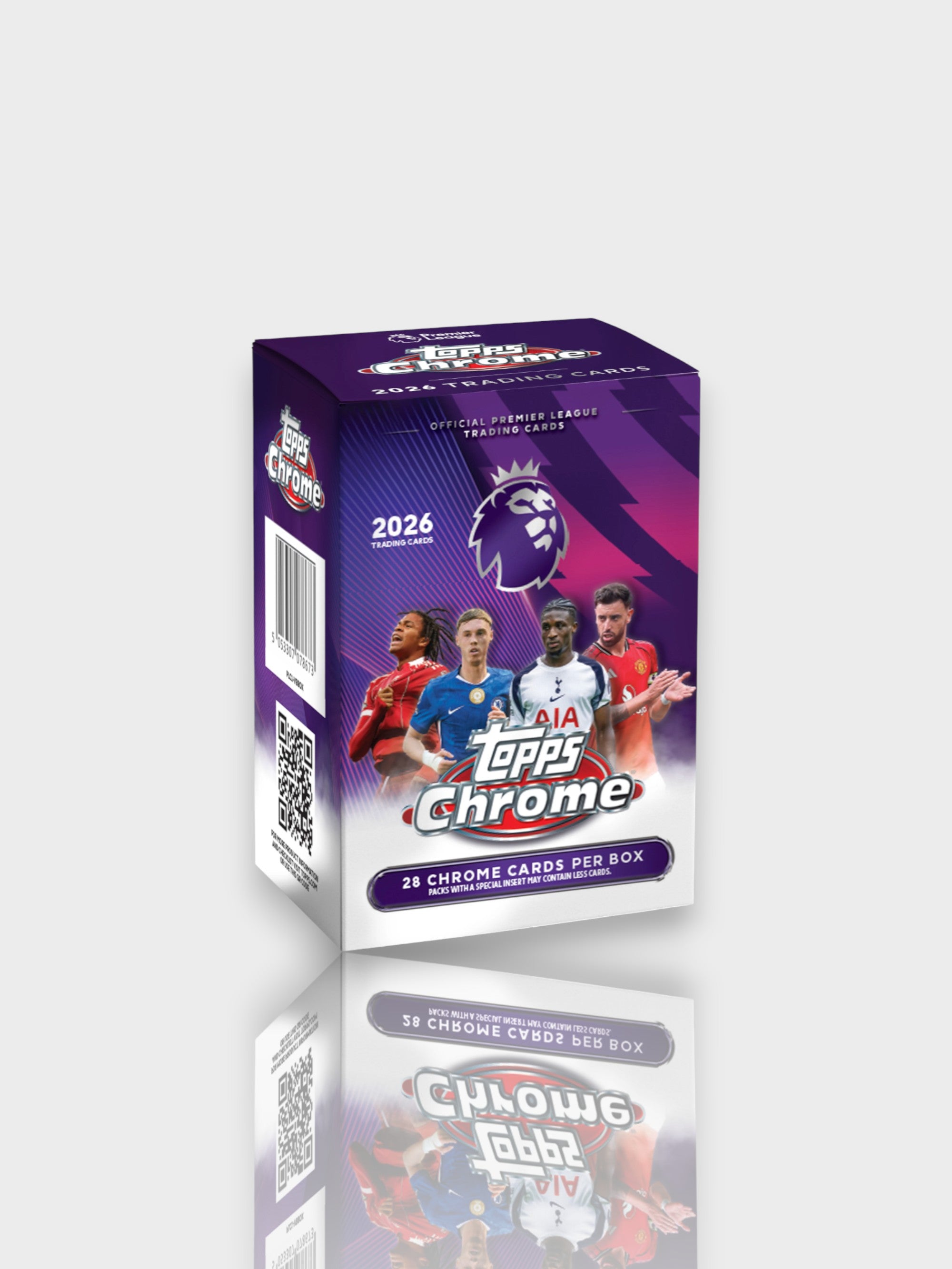 Topps Chrome Premier League 2026 blaster box 28 chrome cards – joueurs Manchester United, Chelsea, Tottenham Hotspur AIA et autre club, packaging violet
