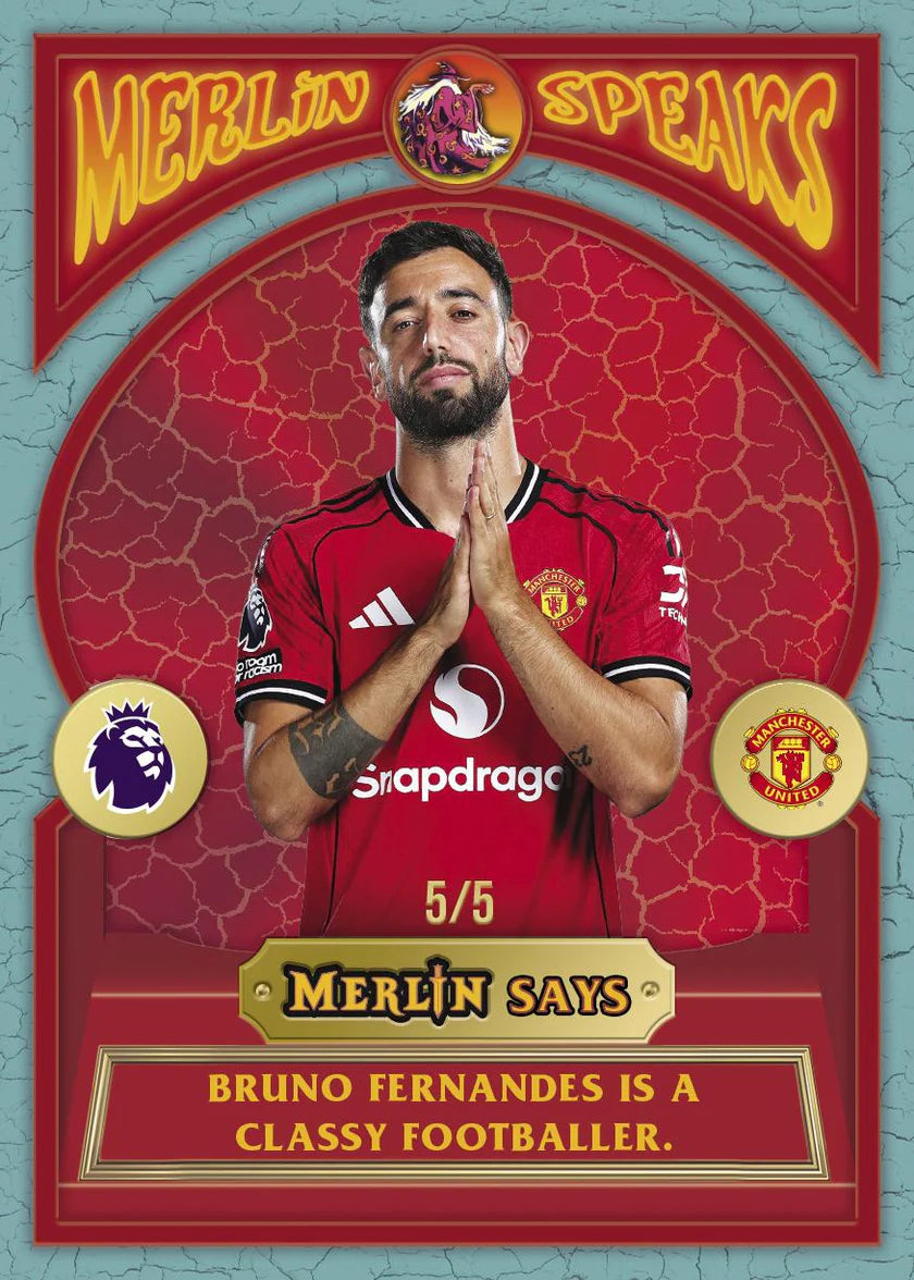 Carte insert Merlin Speaks Bruno Fernandes numérotée 5/5, Topps Merlin Premier League 2025-26