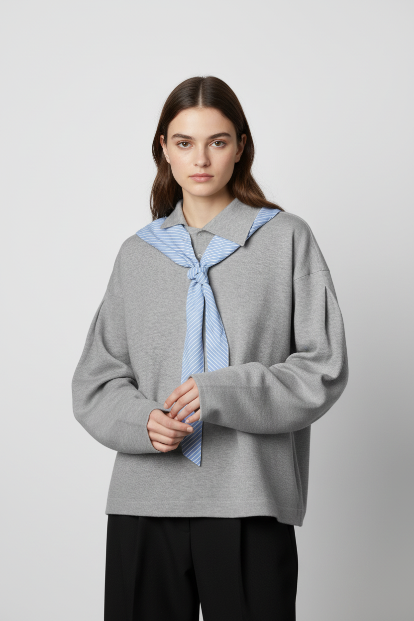 Pull Oversize Gris à Col Foulard Rayé – Effet Faux Layering