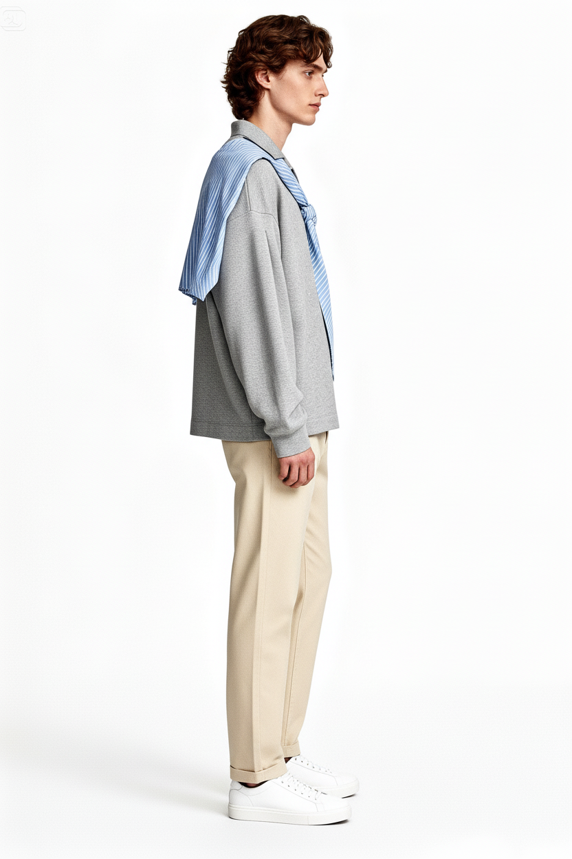 Pull Oversize Gris à Col Foulard Rayé – Effet Faux Layering