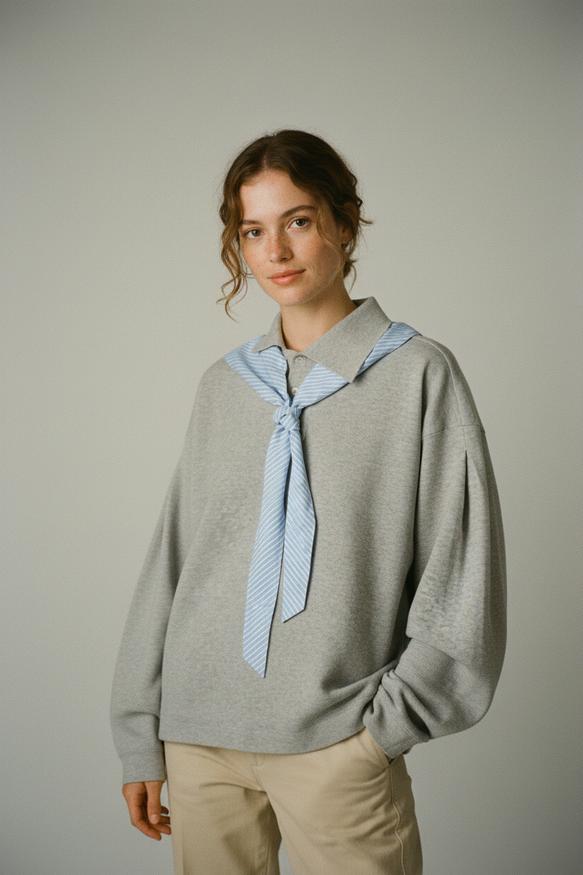 Pull Oversize Gris à Col Foulard Rayé – Effet Faux Layering