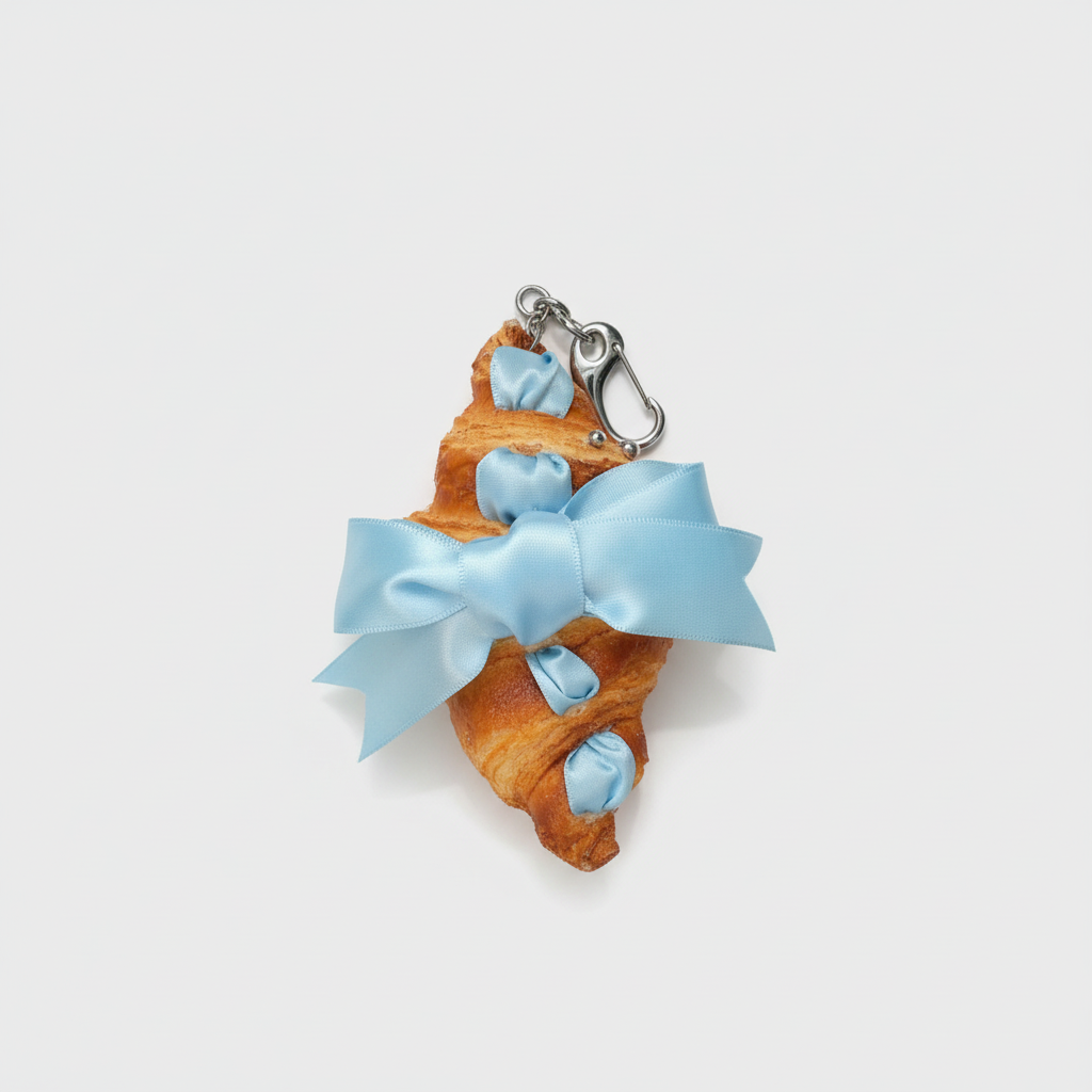 Realistic Croissant Bag Charm - Blue Bow Carabiner Clip
