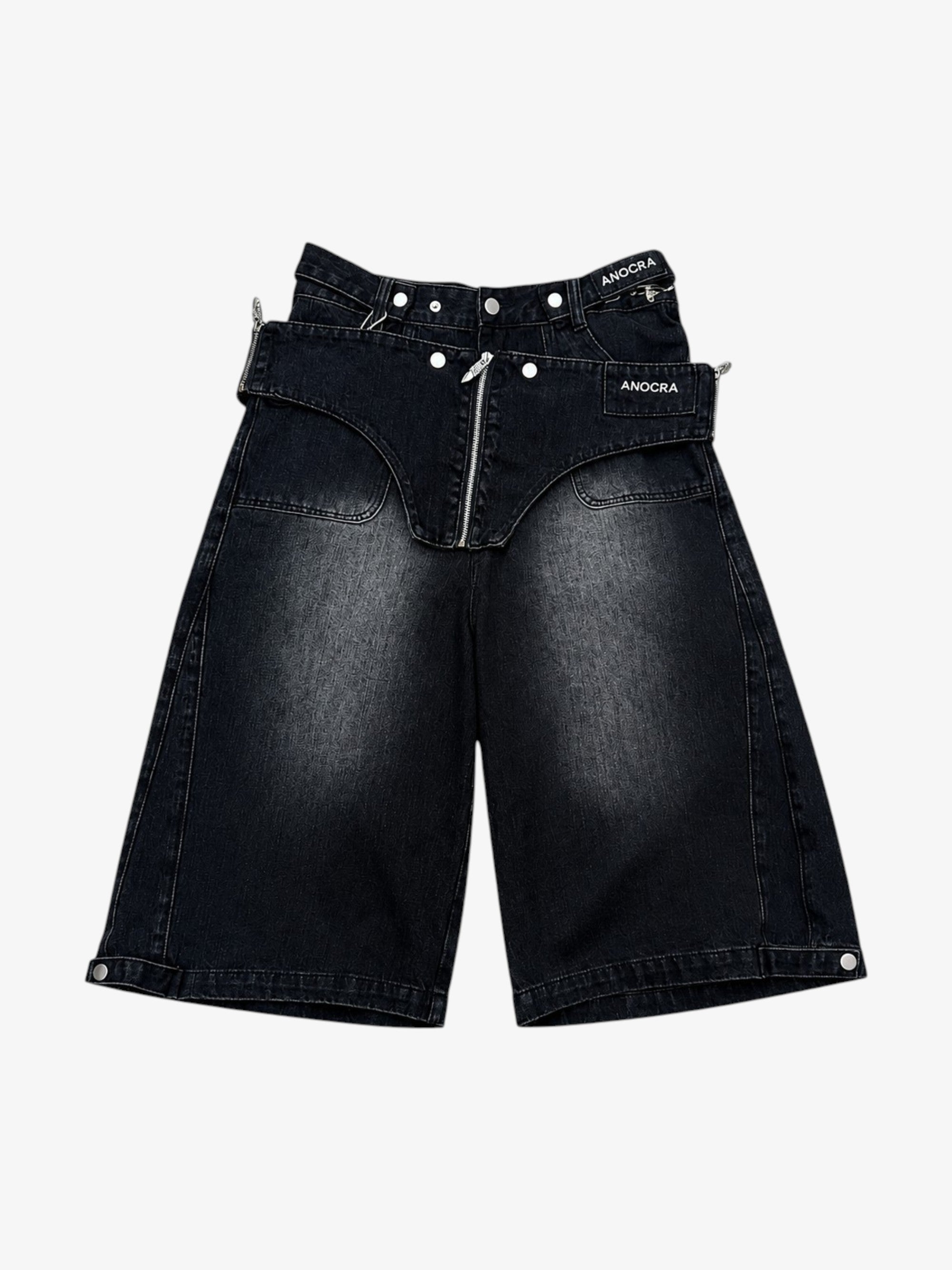 Short Denim Noir Délavé Double Ceinture Large Unisexe | ANOCRA