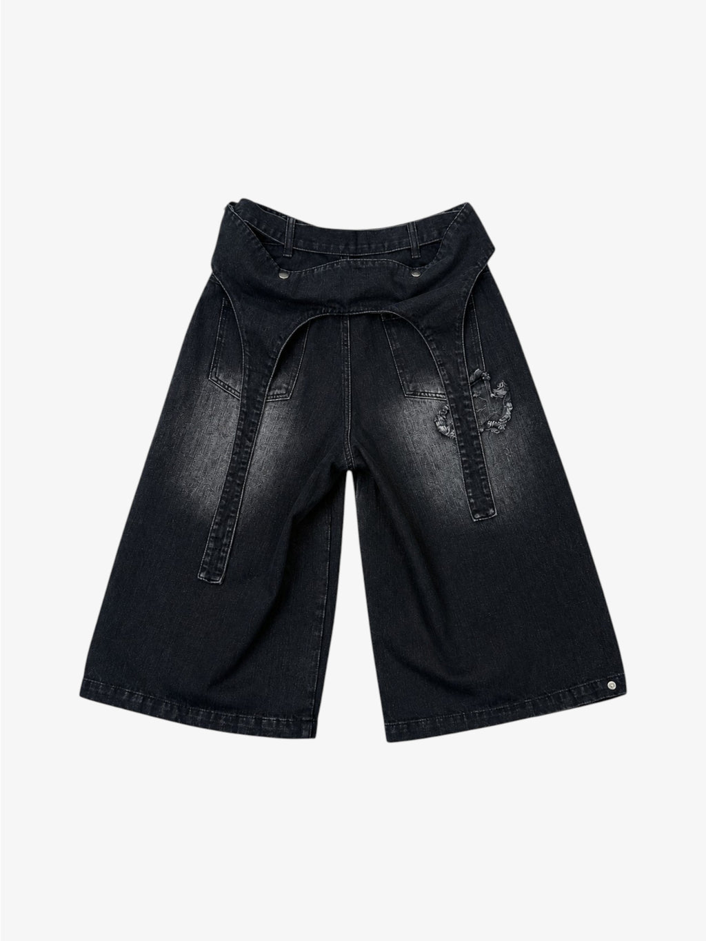Short Denim Noir Délavé Double Ceinture Large Unisexe | ANOCRA