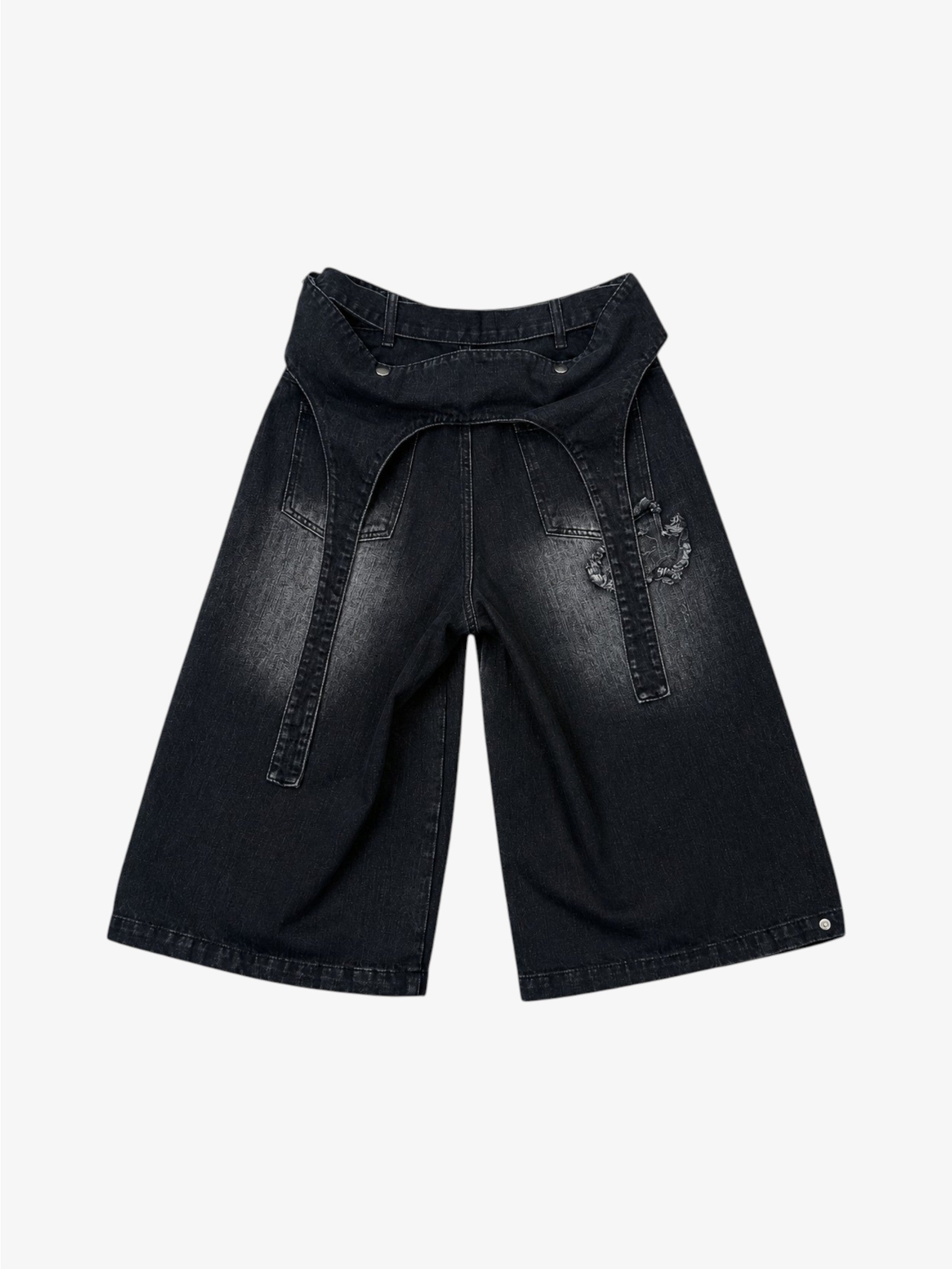 Short Denim Noir Délavé Double Ceinture Large Unisexe | ANOCRA