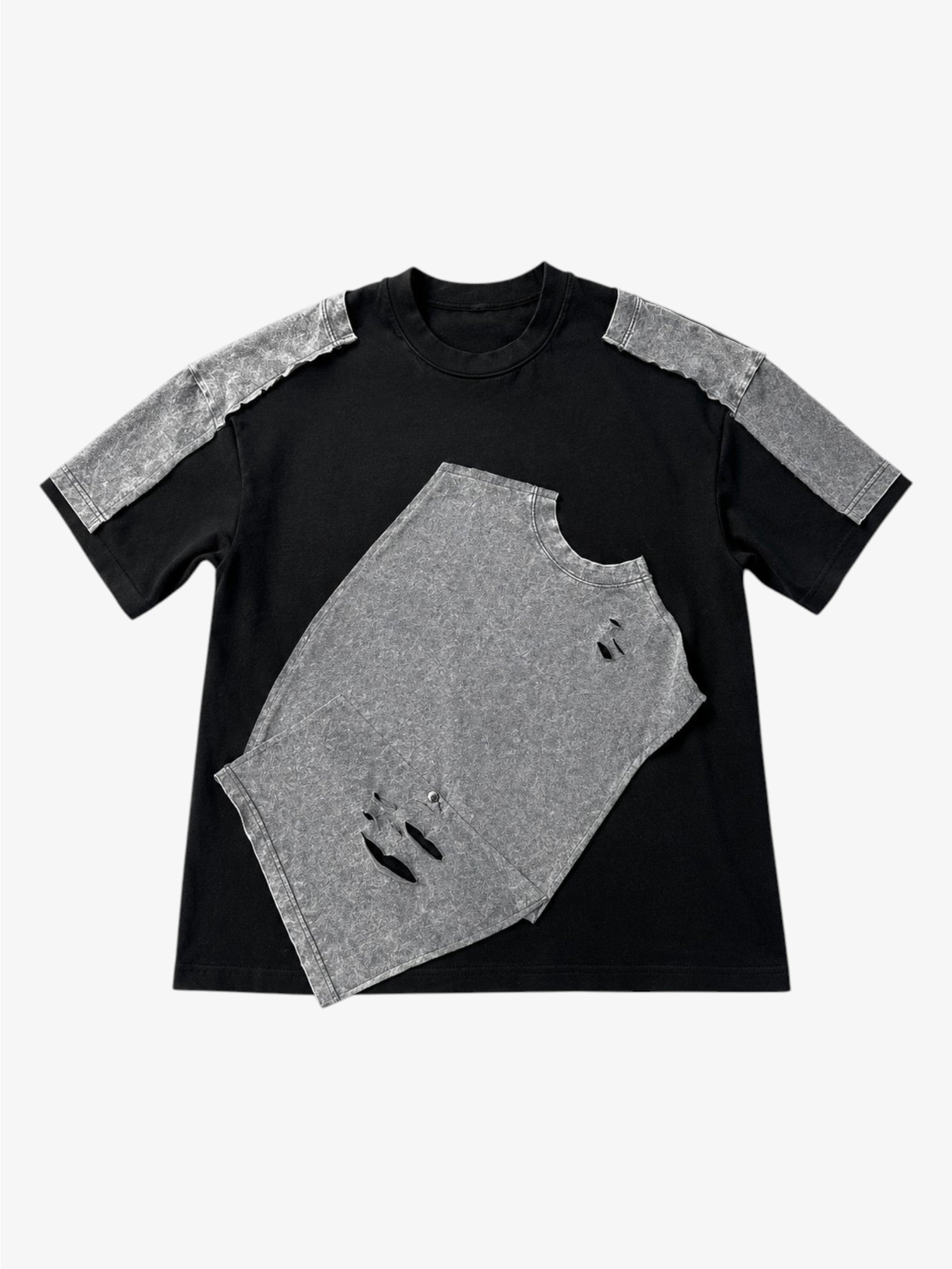 T-shirt Oversize Noir Empiècements Denim Paisley + Gilet Unisexe | ANOCRA