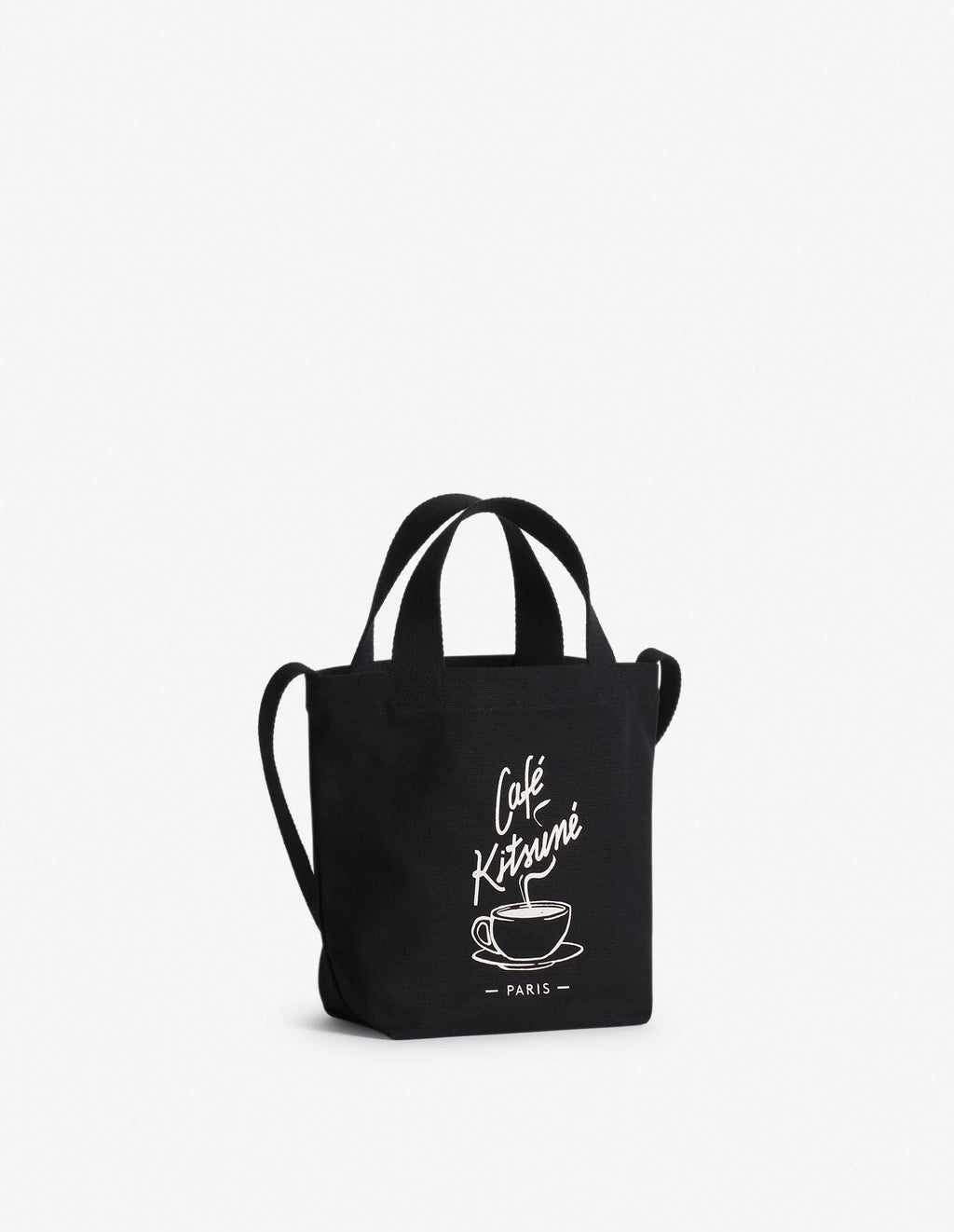 Vue du mini sac tote Café Kitsuné noir porté à l’épaule