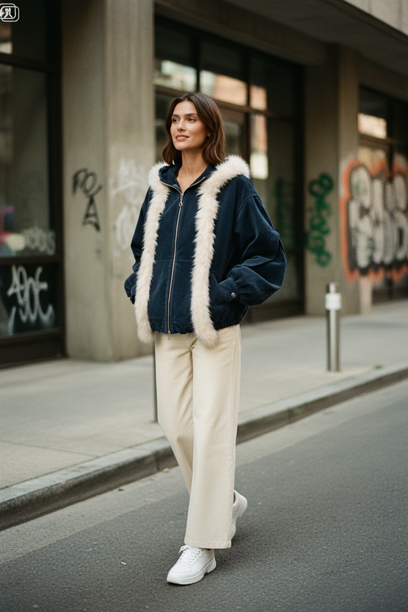 Veste Unisexe Bleu Nuit à Fourrure Synthétique – Coupe Oversize avec Capuche