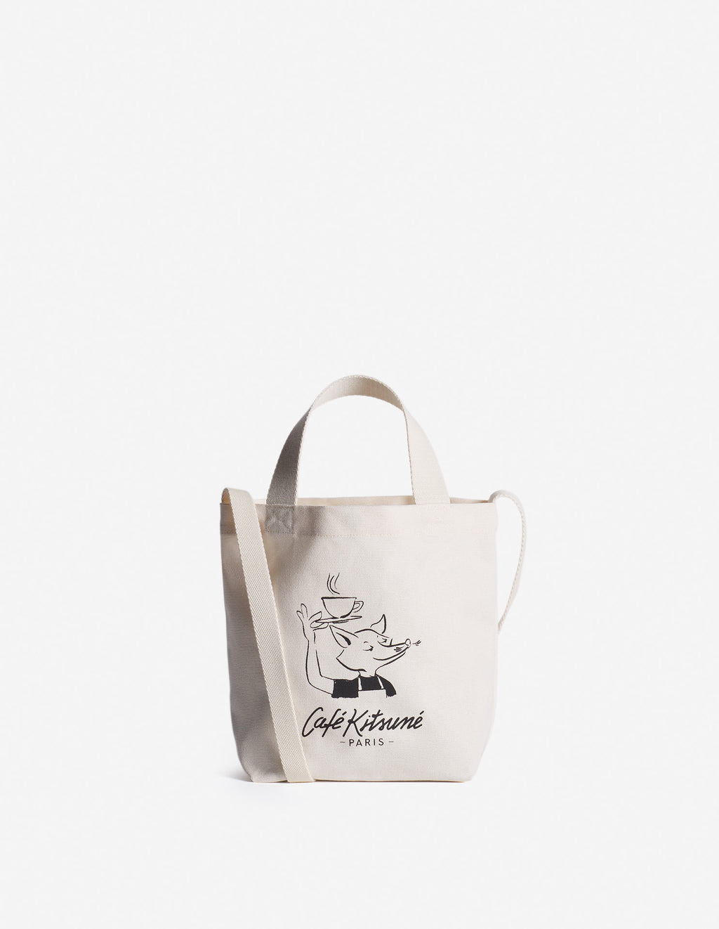 Sac tote mini Café Kitsuné blanc en toile avec illustration renard, vue de face