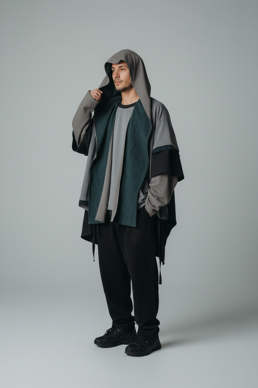 Veste Oversize à Capuche Patchwork – Effet Superposé Gris