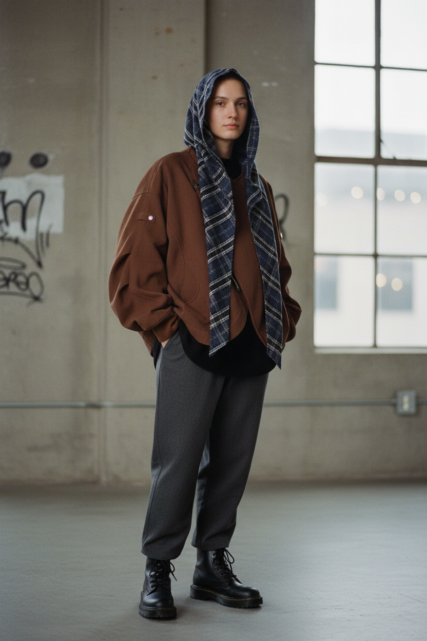 Veste Oversize Unisexe à Capuche-Écharpe Caramel et Motif Carreaux