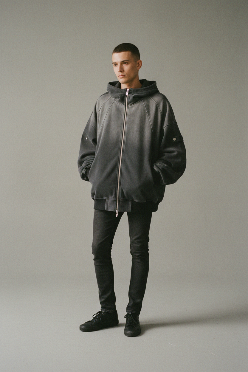 Veste Oversize Unisexe à Capuche en Effet Velours Gris