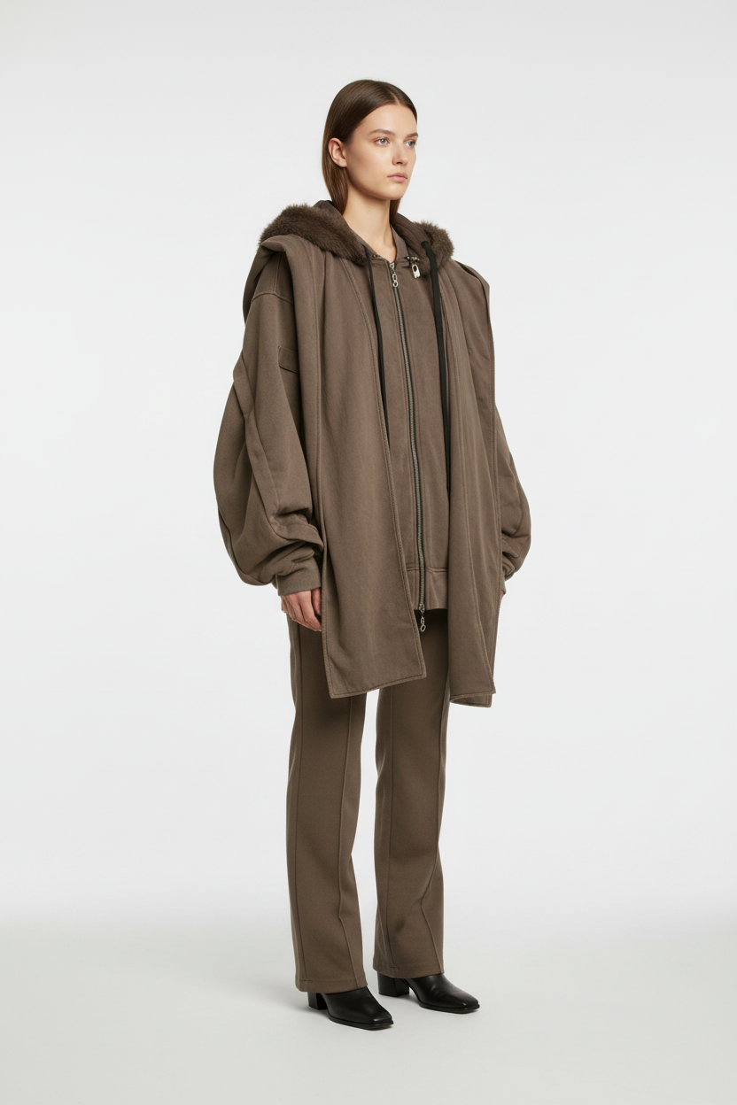 Veste Oversize Unisexe à Capuche Brun avec Écharpe Intégrée