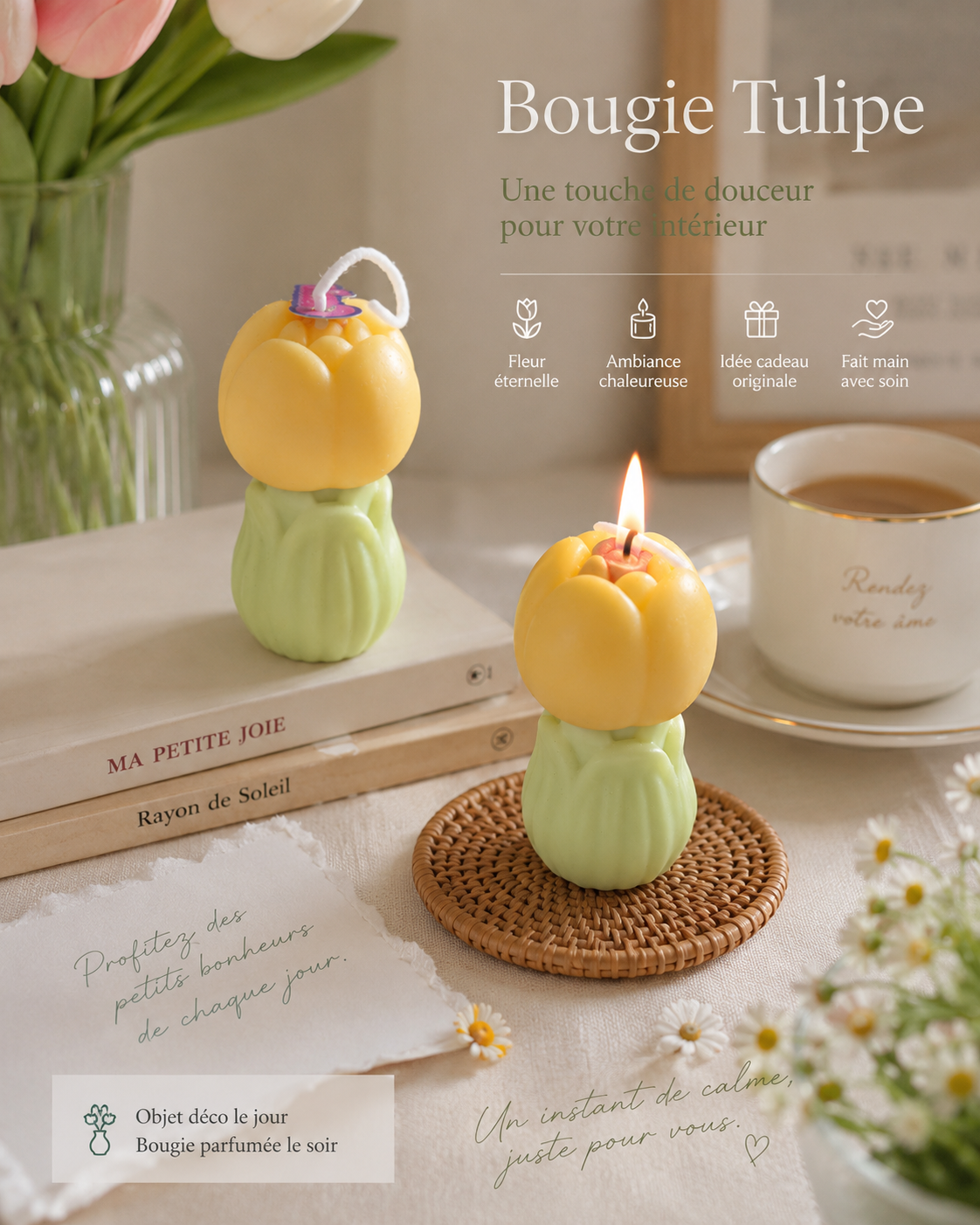 Bougie Tulipe Artisanale Jaune et Verte – Bougie Parfumée Décorative