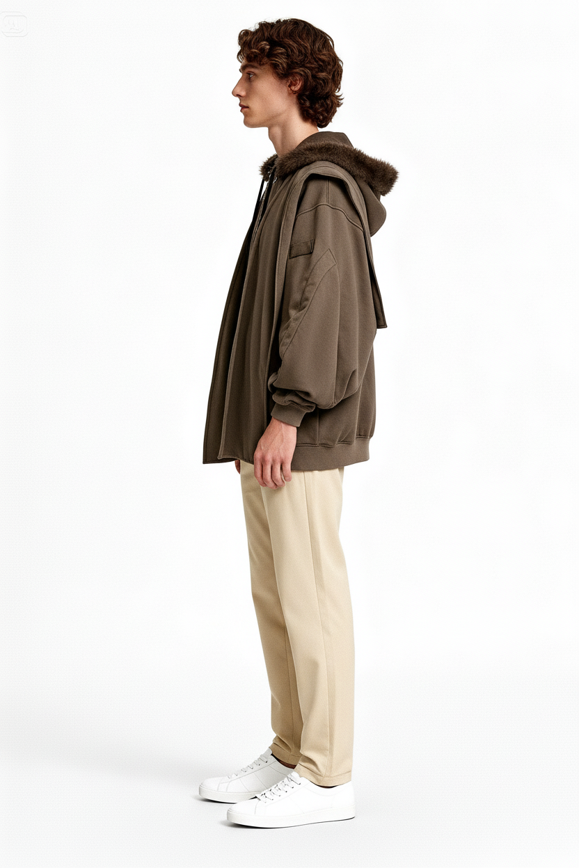 Veste Oversize Unisexe à Capuche Brun avec Écharpe Intégrée