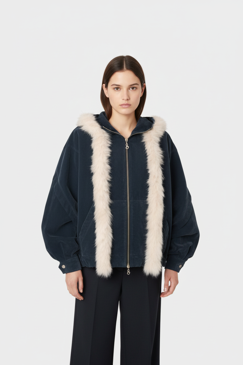 Veste Unisexe Bleu Nuit à Fourrure Synthétique – Coupe Oversize avec Capuche