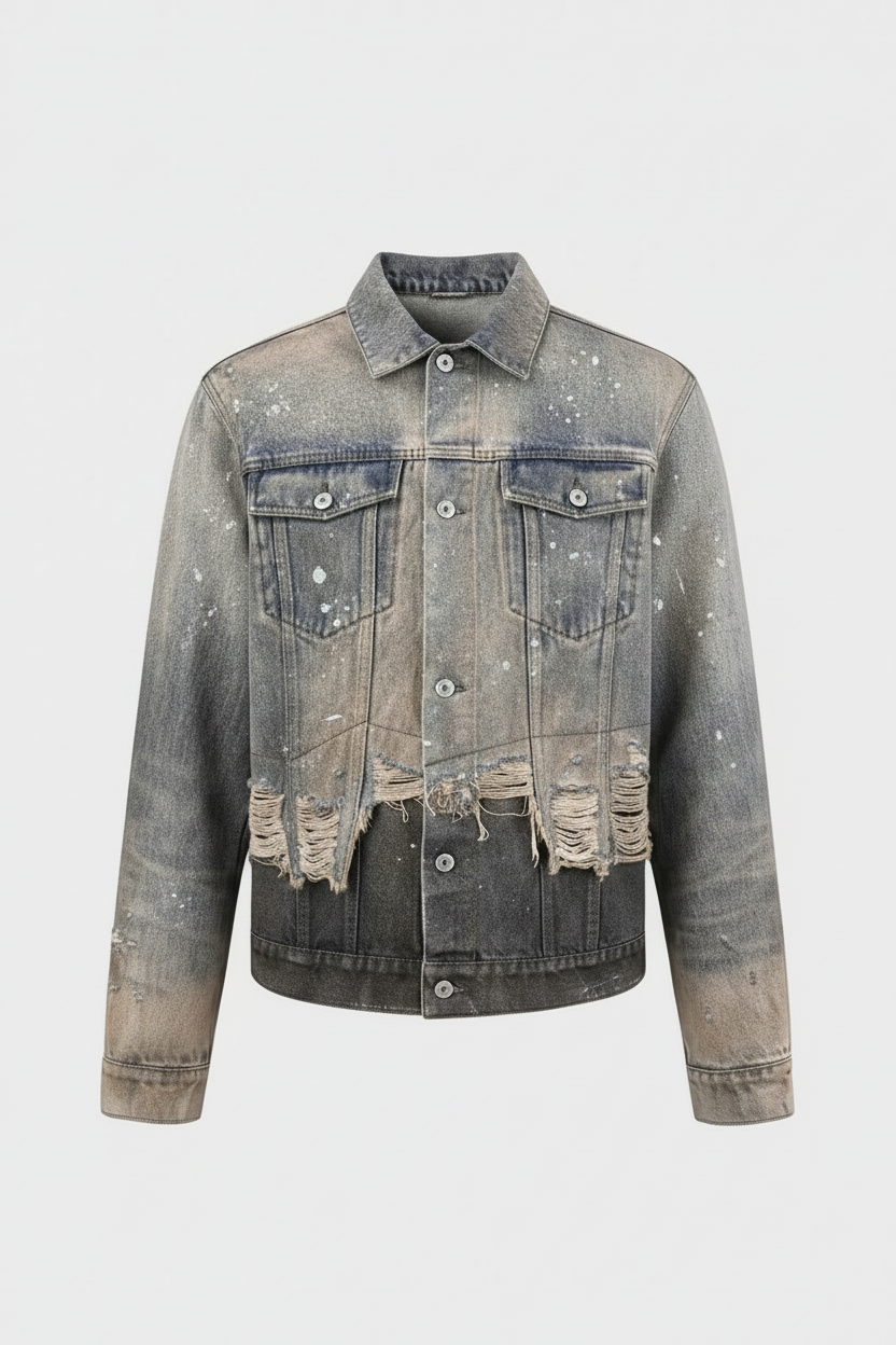 渐变水洗破洞牛仔夹克高清图