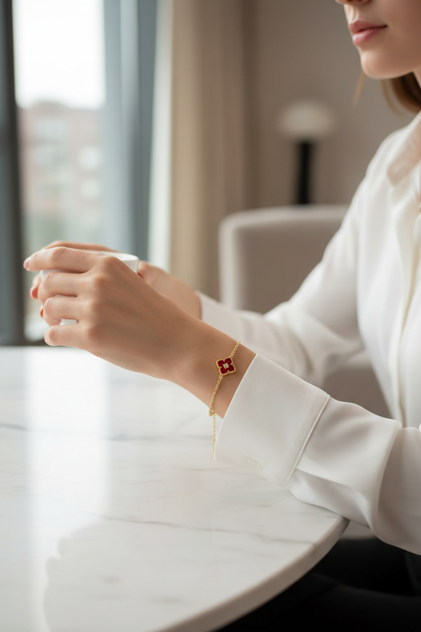 金色红色四叶草手链极简场景