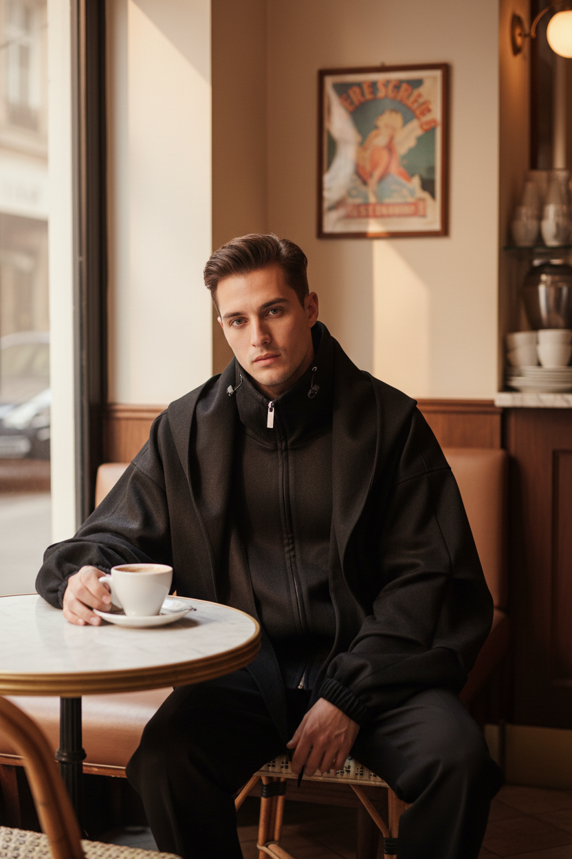 黑色宽松夹克巴黎咖啡馆场景