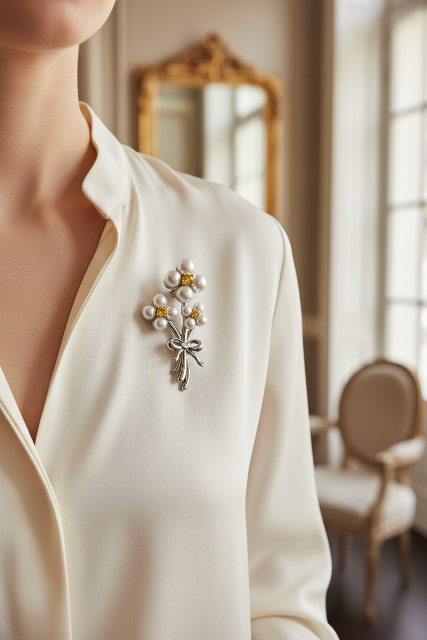 珍珠花束胸针衬衫场景
