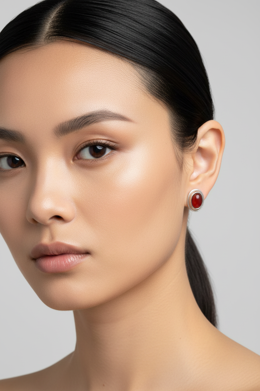 红玛瑙银框耳钉 - 优雅特写