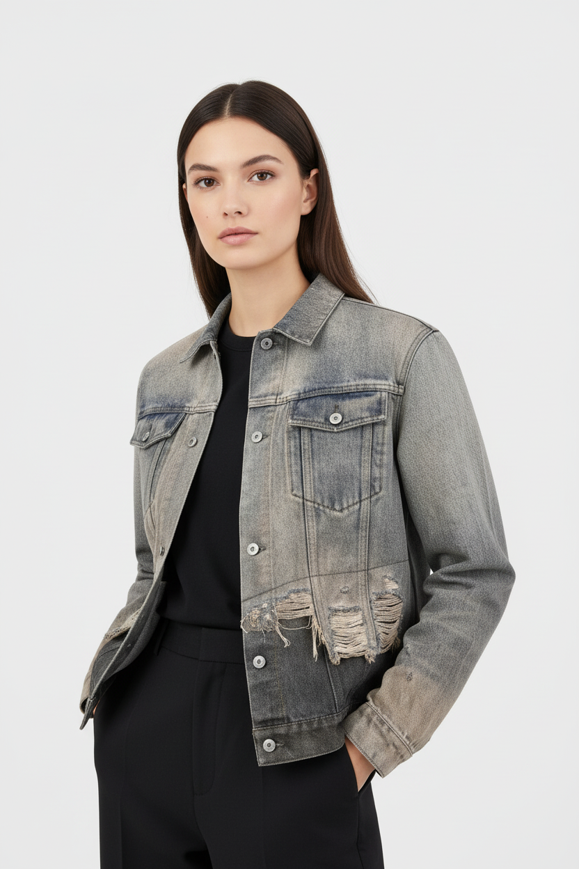 渐变水洗破洞牛仔夹克女模特图