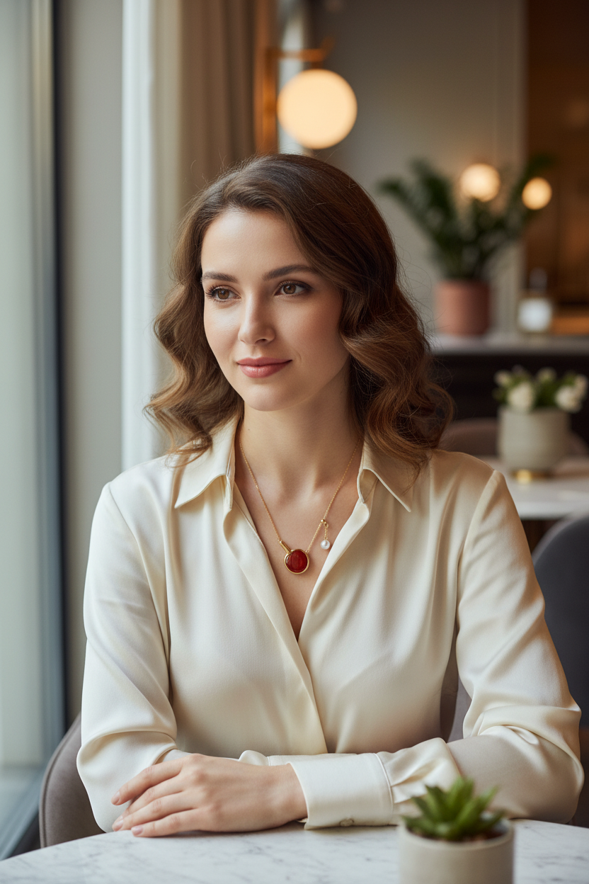 红玛瑙乒乓球拍项链-咖啡厅特写