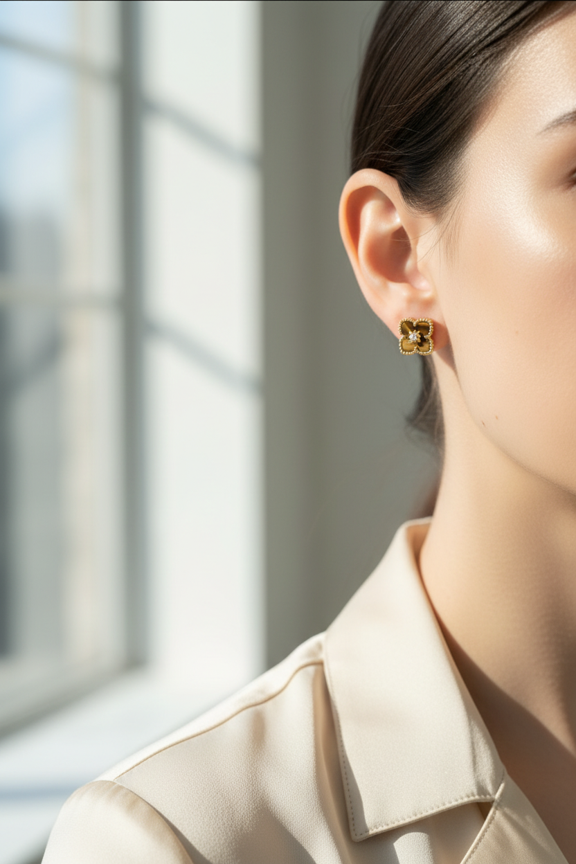 金色四叶草耳钉现代场景
