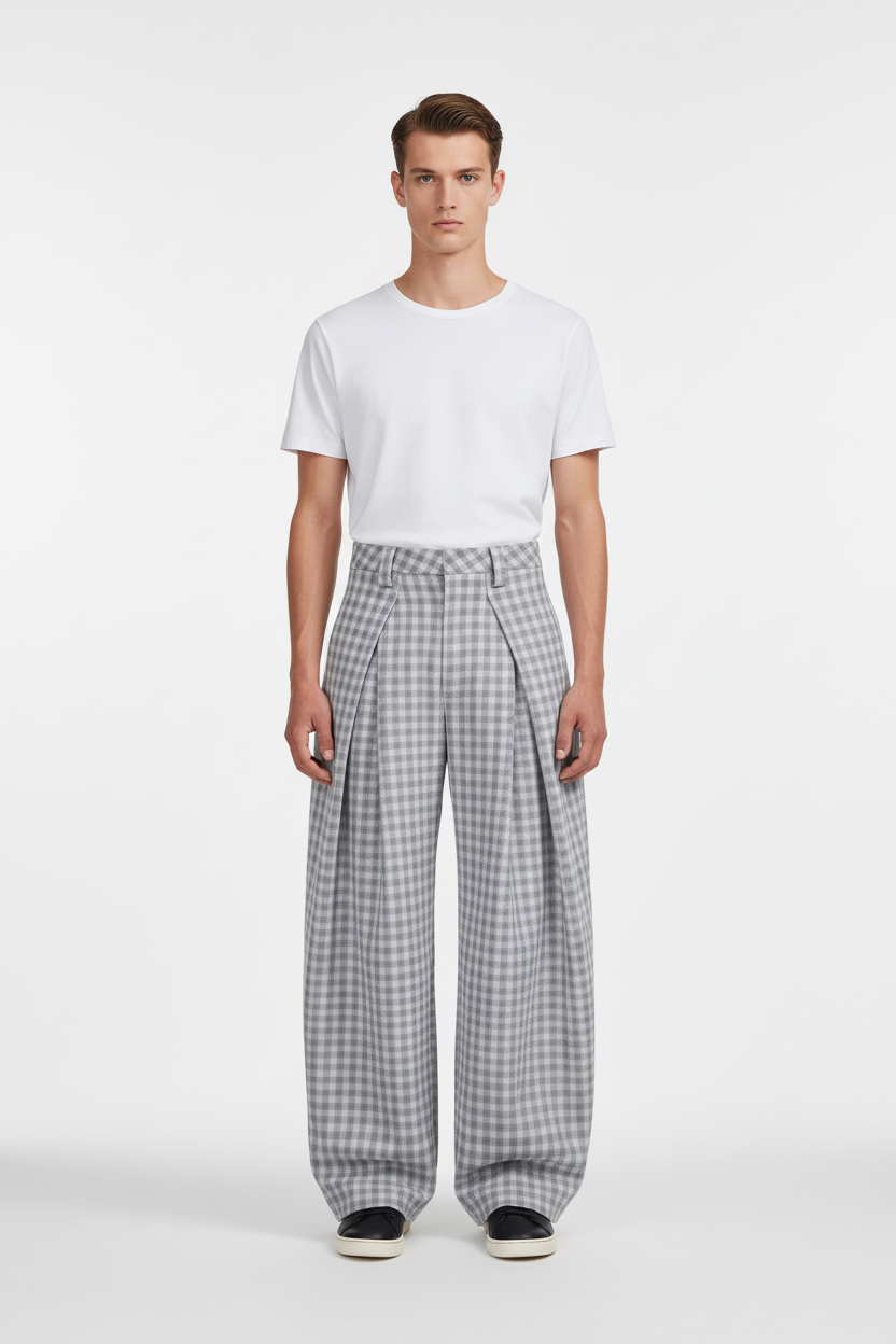 灰白格纹阔腿裤男模特全身图