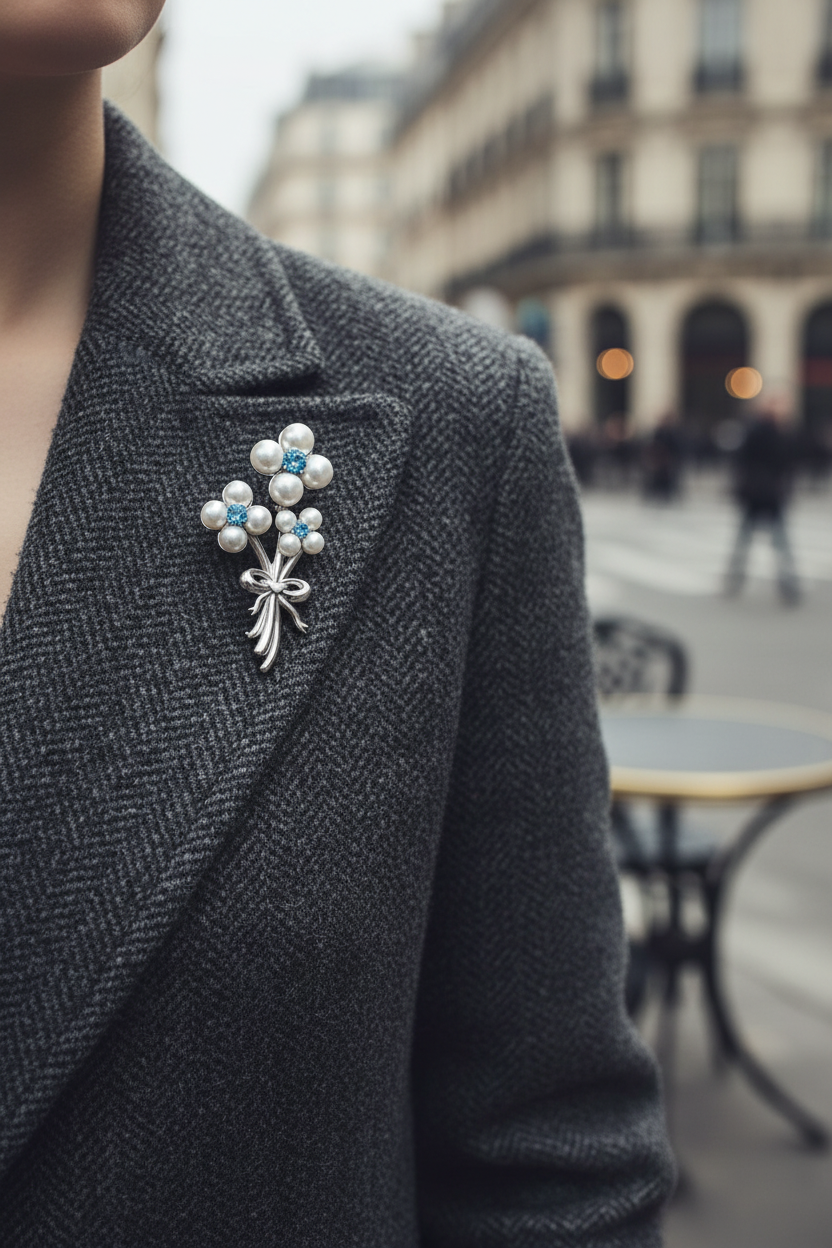 珍珠花束胸针蓝色大衣场景