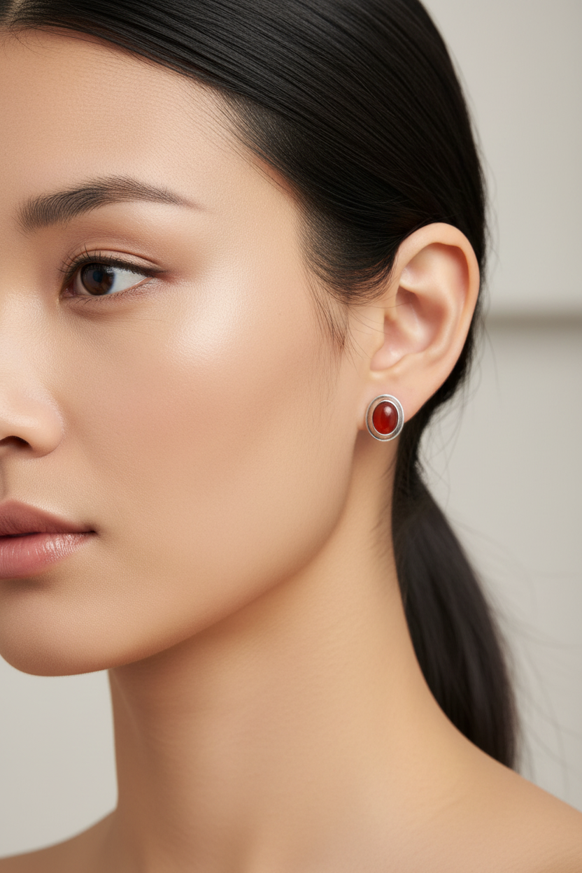 红玛瑙银框耳钉 - 精致细节