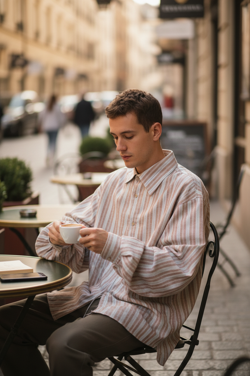 多彩条纹衬衫咖啡馆场景